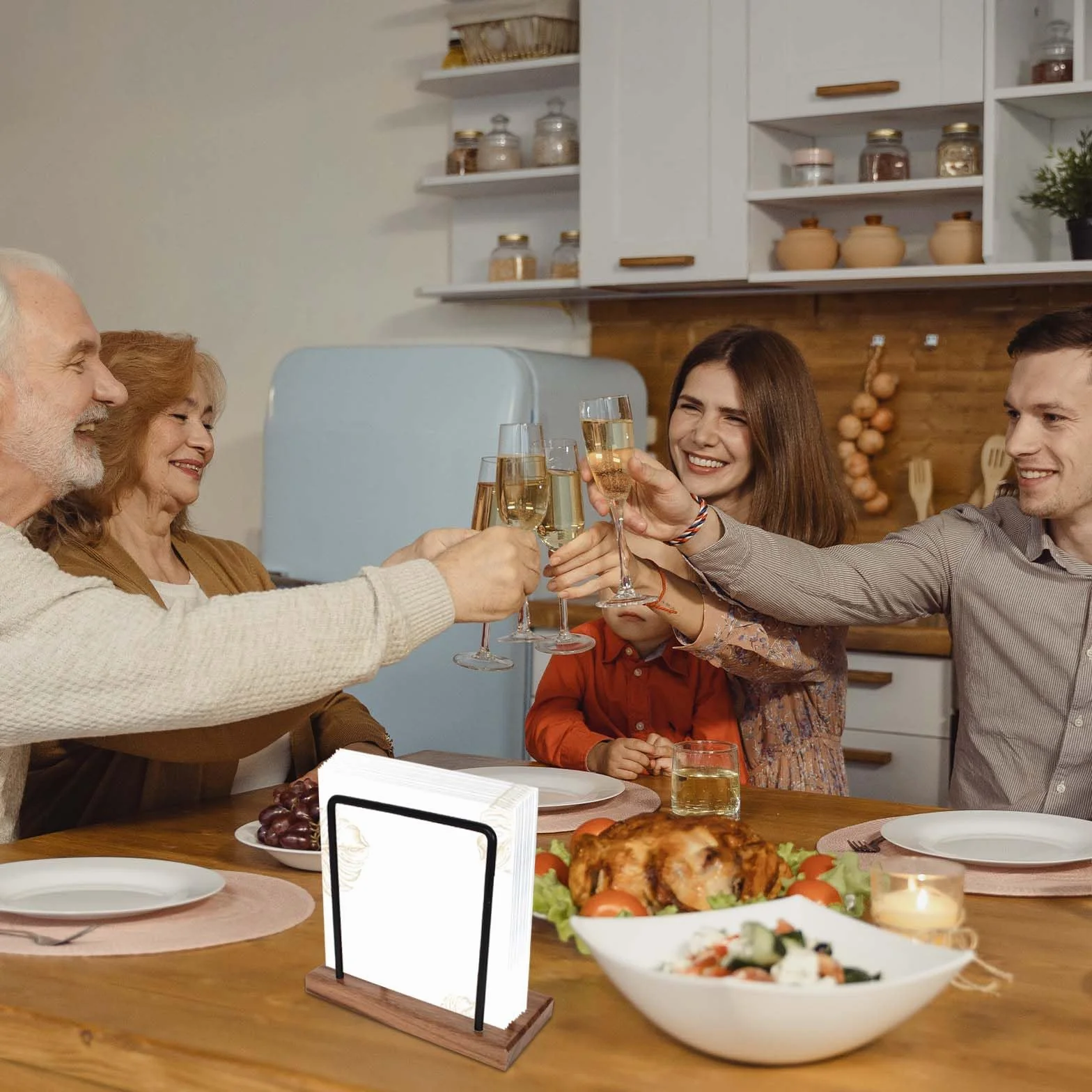 Uchwyt na serwetki na stoły, metalowy i drewniany stojak na serwetki, uchwyt na serwetki, czarny, pionowy dozownik na serwetki, uchwyt na serwetki z drewnianą podstawą, do kuchni, restauracji,