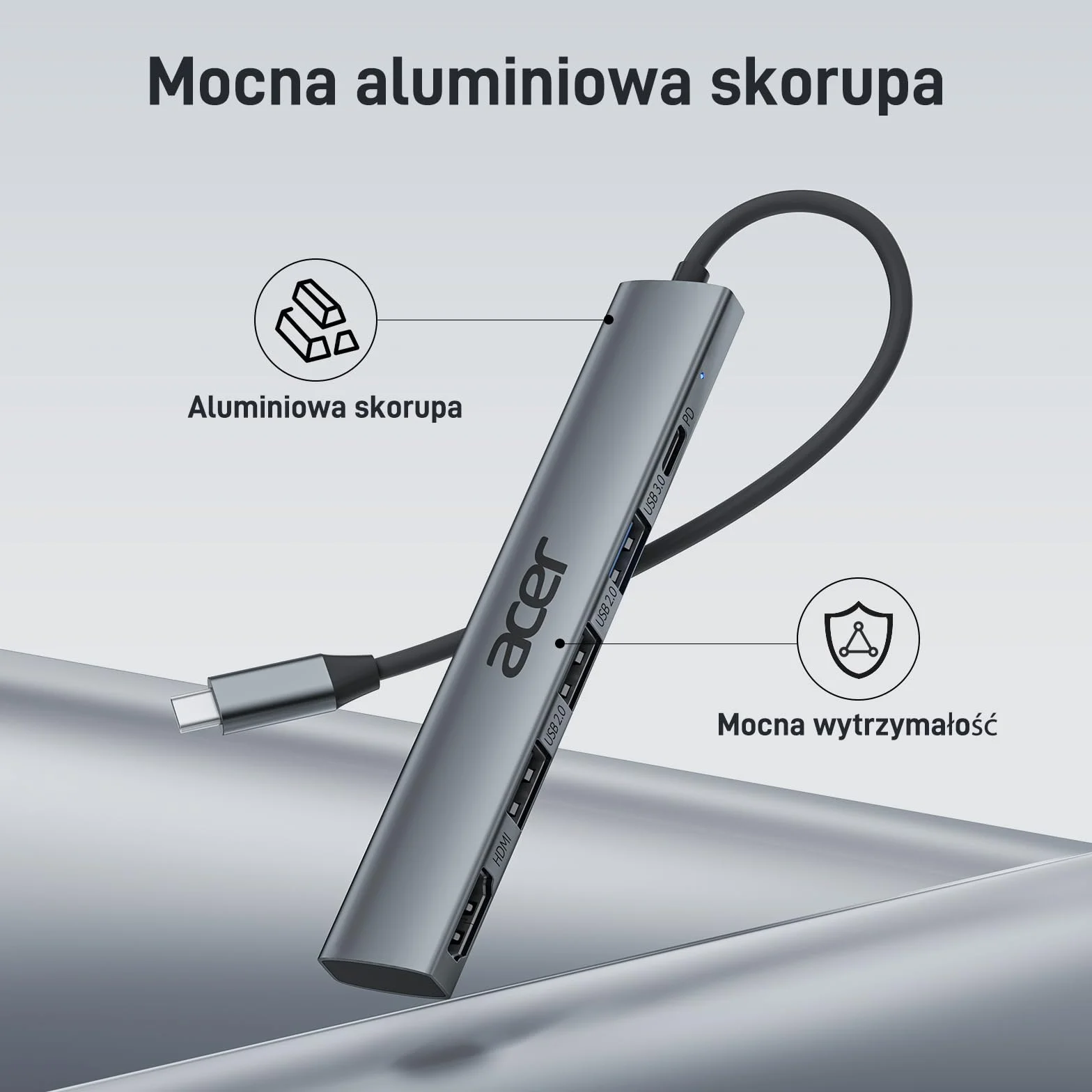 acer Hub USB C z HDMI 4K, aluminiowy adapter wieloportowy USB-C 5 w 1 z 3 portami USB-A, moc 100W, rozdzielacz typu C, kompatybilny z laptopem, tabletem, MacBookiem M3/M2, XPS, iPadem Pro itp.
