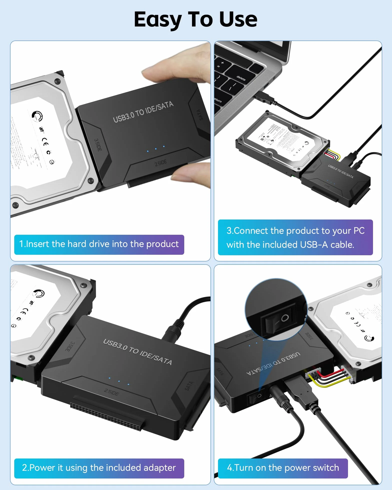 IDE USB 3.0 Adapter, USB 3.0 do SATA Adapter Uniwersalny konwerter dysków twardych do 2,5 i 3,5 cali SATA & IDE HDD/SSD z zasilaczem 12V 2A Kabel USB do systemu Windows 10/8/7/XP/Vista Mac OS Linux