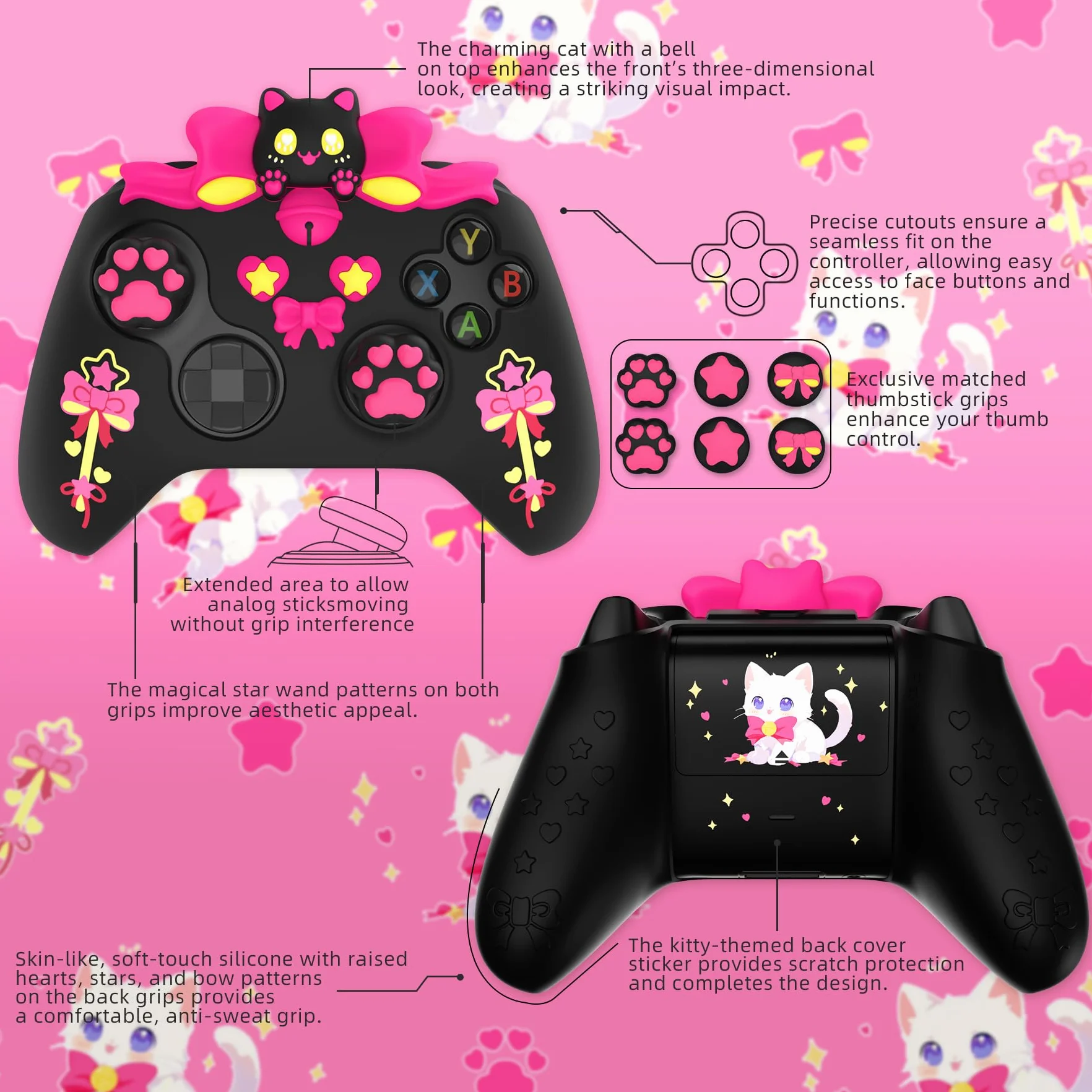 PlayVital Silikonowa Osłona do Xbox Series X S Kontrolera z Nakładkami Joystick i Naklejkami, Miękka Gumowa Ochrona Akcesoria do Xbox Core Controller–Czarny,Sweetheart Kitty