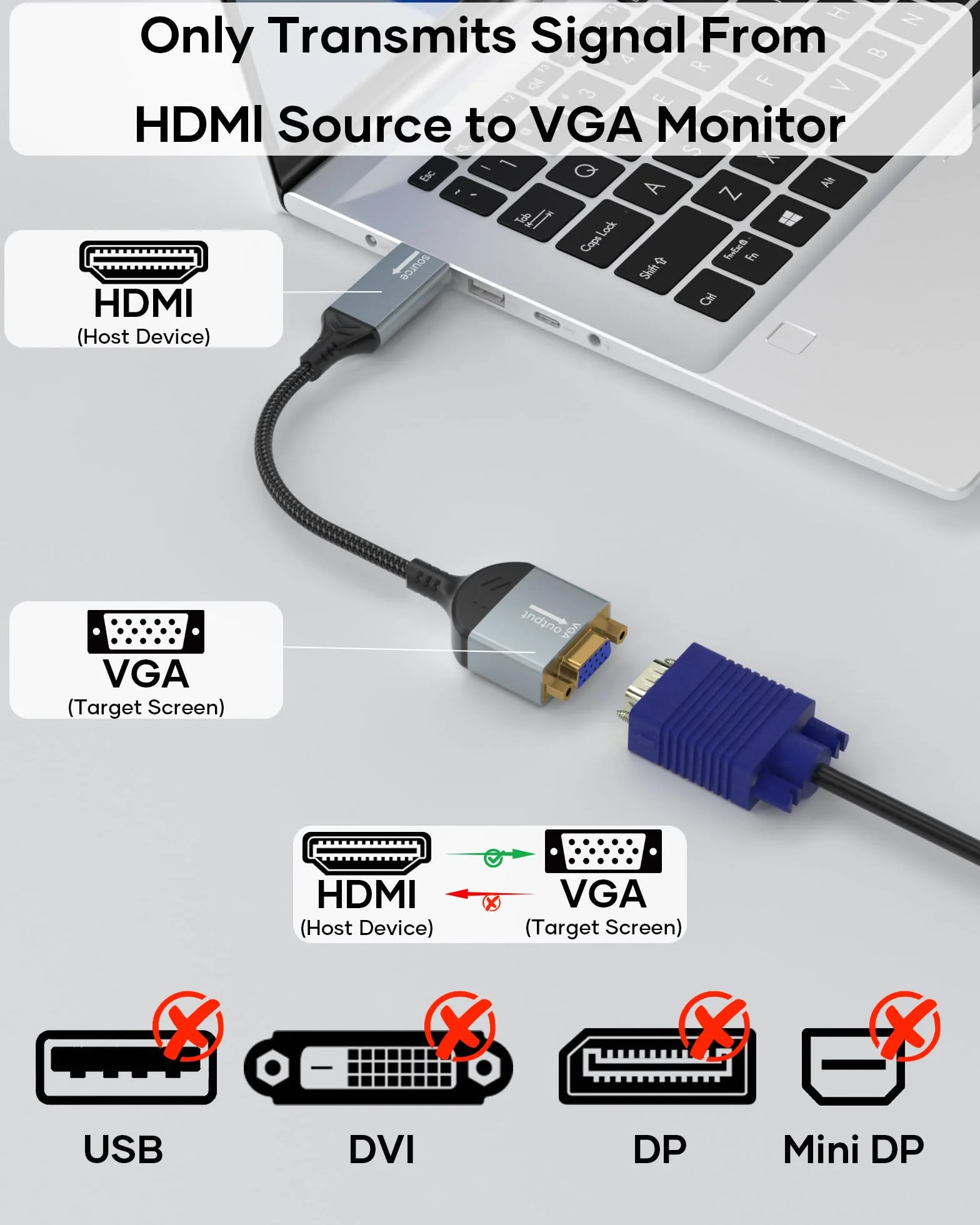 HDMI na VGA, jednokierunkowy adapter HDMI komputer na monitor VGA (wtyk na gniazdo), 1080P@60Hz kompatybilny z komputerem, desktopem, laptopem, PC, monitorem, projektorem HDTV, Chromebookem i