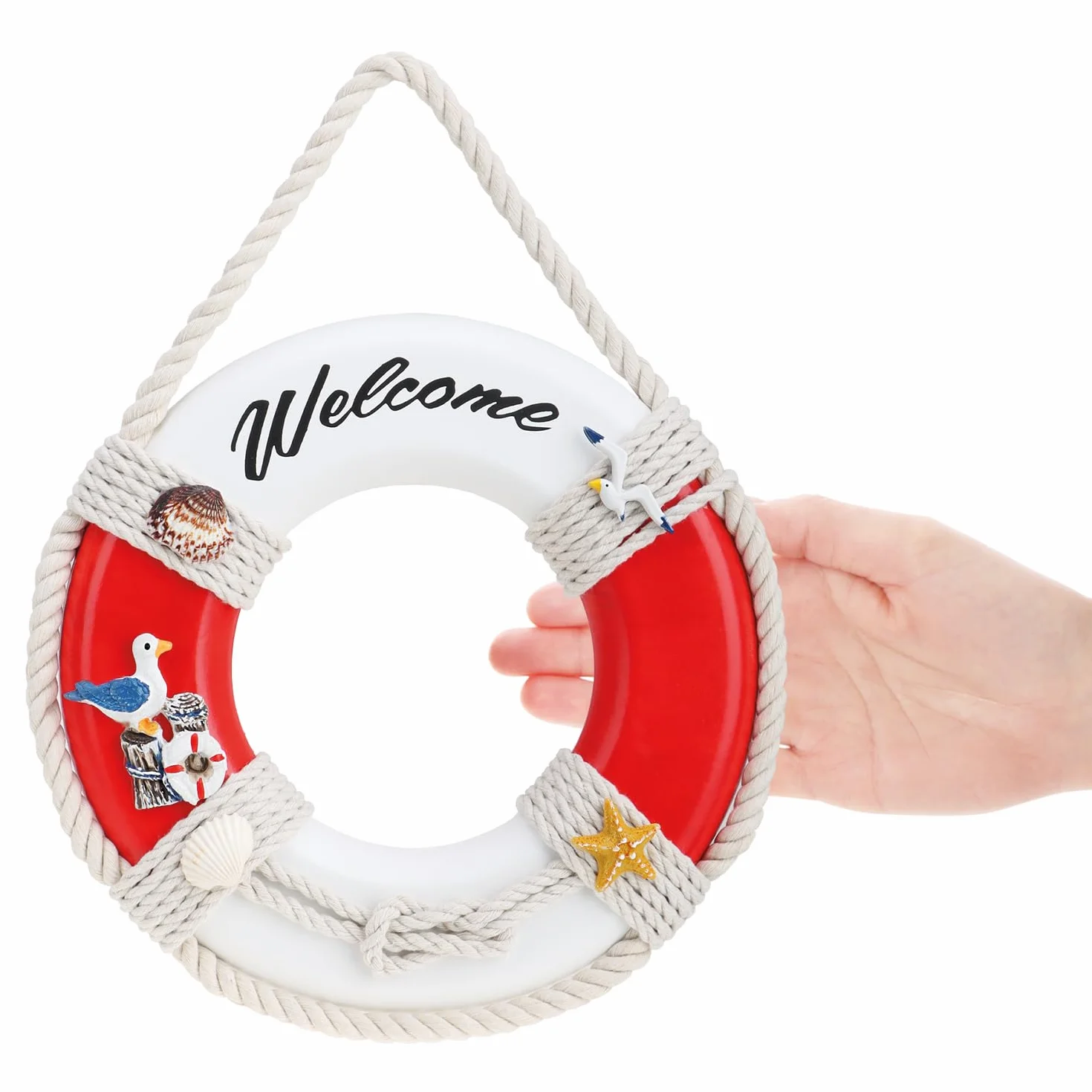 COM-FOUR® 1x dekoracyjne kolo ratunkowe wykonane z drewna z napisem „Witamy” - dekoracja wysylkowa do zawieszenia - morska dekoracja wiszaca do domu (Kolo ratunkowe „Witamy”)