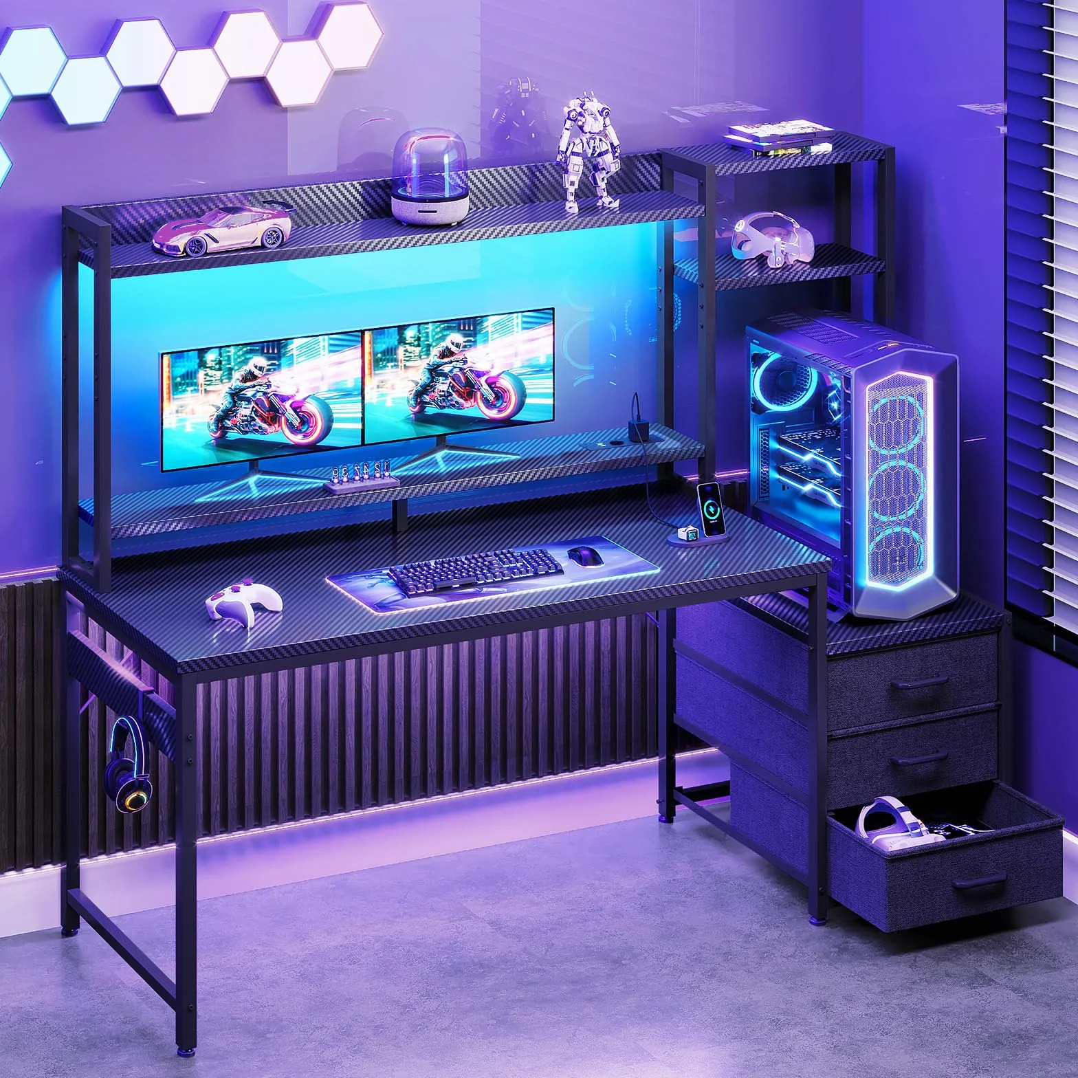 Coleshome Biurko Gamingowe z Półką i Szufladami, Oświetlenie LED, 137×48 cm Czarny Węglowy
