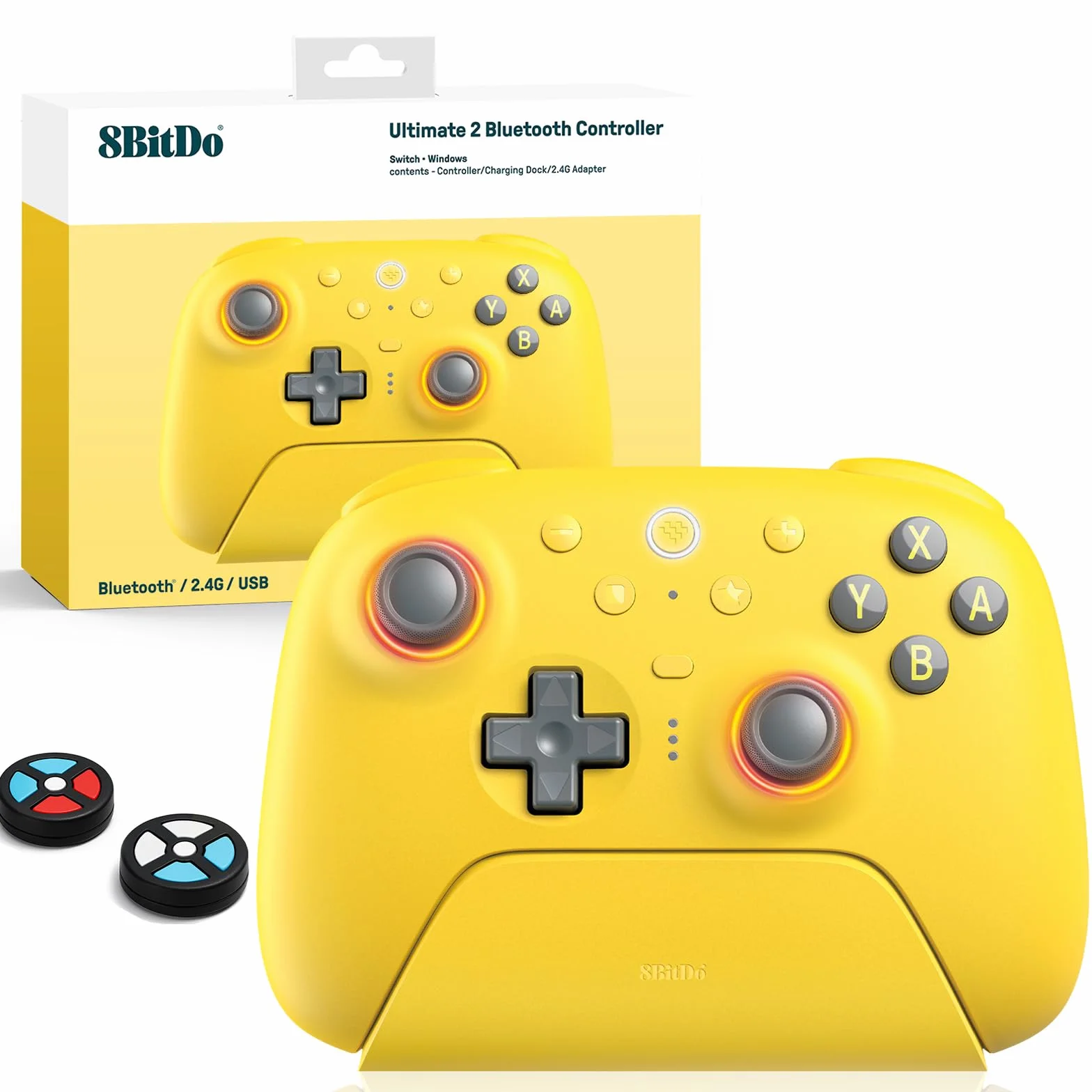 8Bitdo Ultimate 2 Kontroler Bluetooth Do Switch 2, Switch, Windows PC, Joystick TMR, Pierścień Świetlny RGB, Przełączane Wyzwalacze Dotykowe Efektem Halla, Programowalne Przyciski L4/R4, Żółty