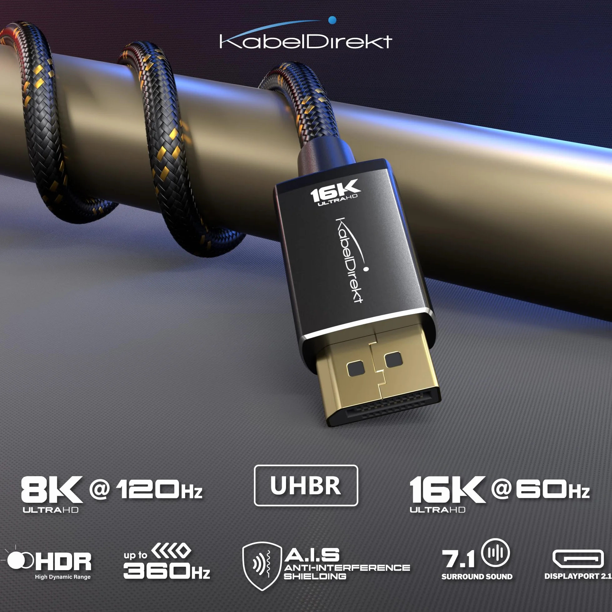 KabelDirekt – Kabel DisplayPort 2.1/DP 2.1 – 3m – Metalowe Złącza + Plecionka, DP80 o Prędkości 80 Gbit/s dla Komputerów do Gier/Kart Graficznych, FreeSync/G-Sync, do 16K@60Hz, 8K@120Hz, 4K@240Hz