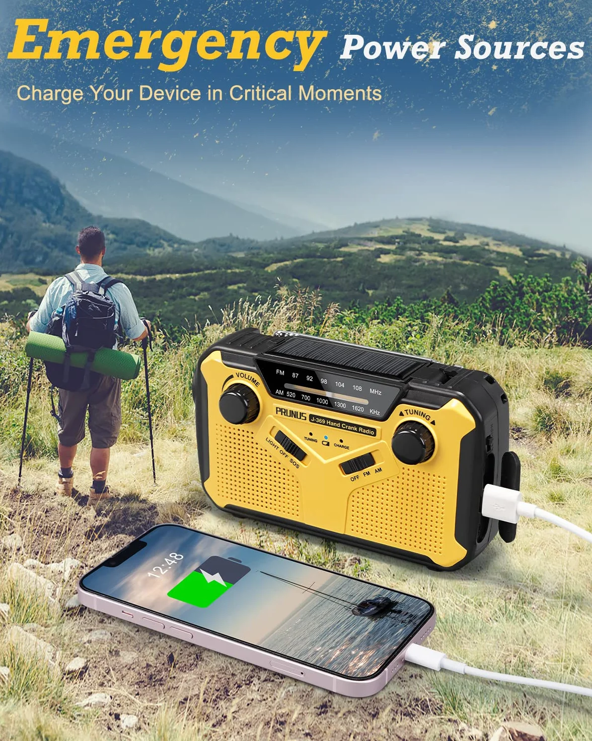 Radio z nakręcanym mechanizmem, PRUNUS J-369 Sprzęt survivalowy, przenośne radia AM/FM, radio zasilane baterią z powerbankiem o pojemności 3000 mAh, radia solarne z latarką, lampką do czytania i alarm