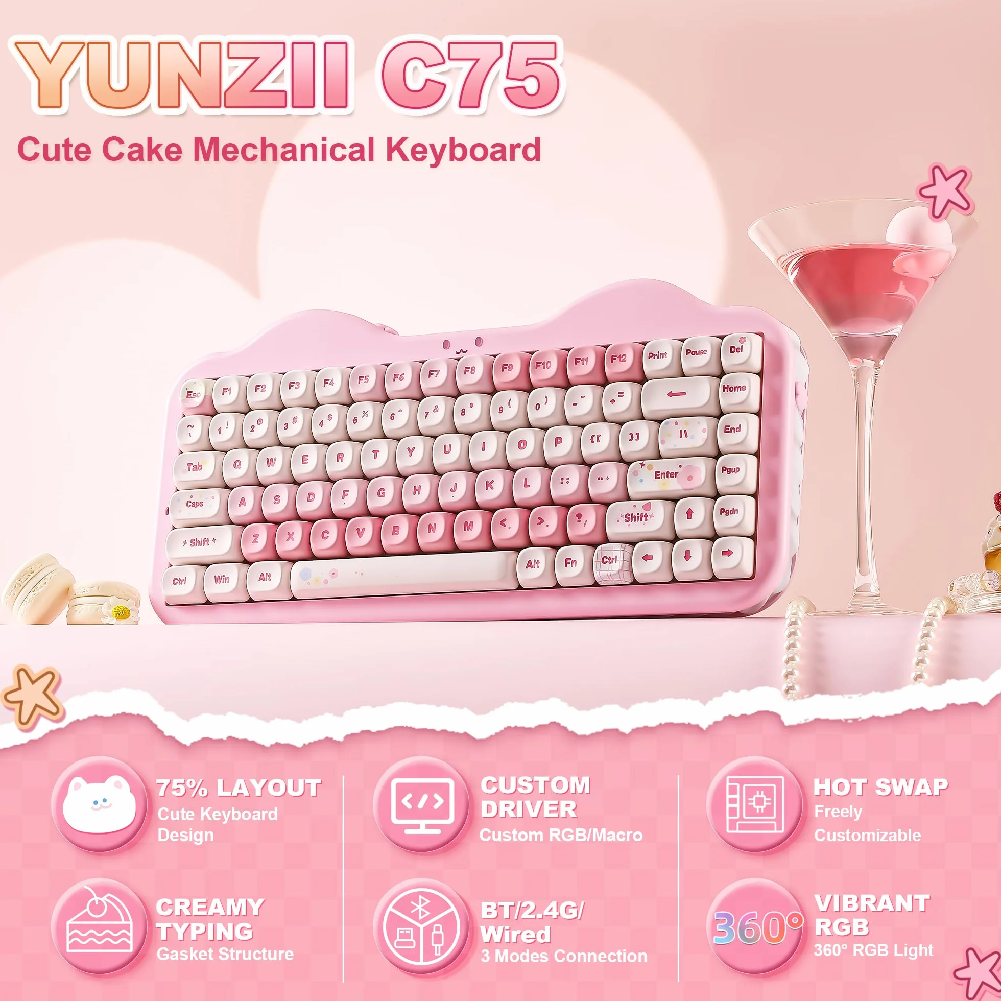 YUNZII C75 Bezprzewodowa Mechaniczna Klawiatura, 75% Układ Hot Swappable Kremowa Klawiatura NKRO,Uroczy Projekt Ciasta BT5.0/2.4G/USB-C dla Win/Mac/Gaming (Różowy, Milk V2 Linear Switch)