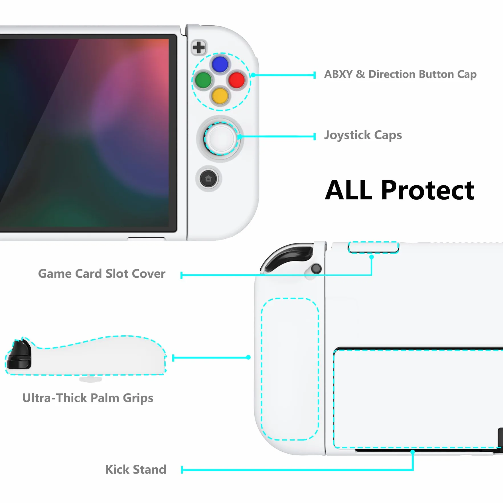 PlayVital Ochronny do Nintendo Switch OLED,Miękkie Etui TPU Slim na Switch OLED Konsolą,ZealProtect Joycon Grip Cover do Switch OLED z Nakładki na Kciuki&Przyciski Kierunkowe ABXY-Biały