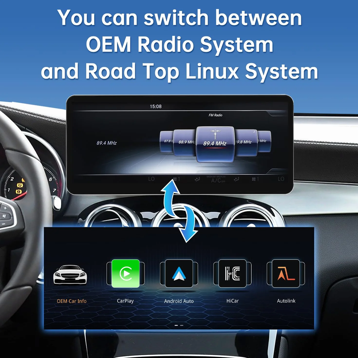 Road Top Ekran CarPlay, 12,3-calowe radio samochodowe stereo dla Mercedes Benz C GLC V W205 z NTG 5.0(2015-2018 rok), radio samochodowe z wąską ramką dla CarPlay/Android Auto