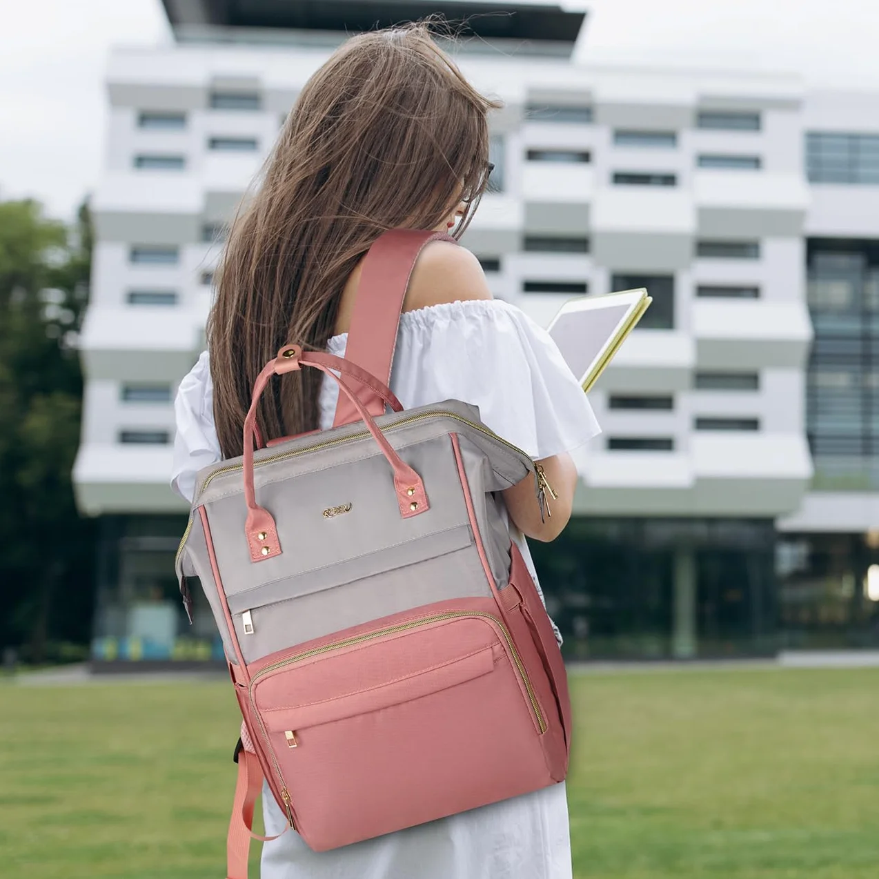 Plecak na laptopa Kobiety 15,6 cala, damski plecak Torba do pracy Kabina podróżna, inteligentny plecak szkolny dla dziewczynek torba na uczelnię do biura uniwersytet Dojazdy, różowo szary