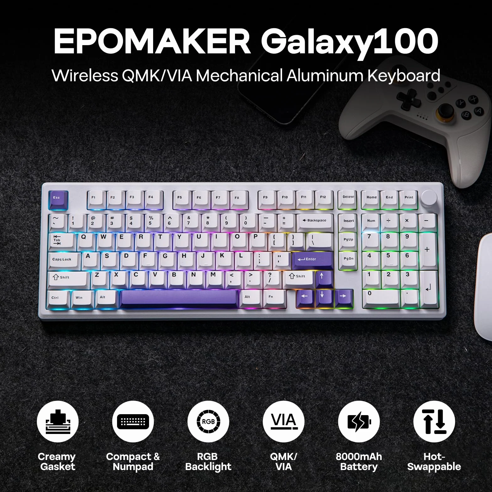 EPOMAKER Galaxy100 QMK/Via pełnowymiarowa mechaniczna klawiatura do gier, USB-C/BT/2,4 GHz, bateria 8000 mAh, CNC aluminium, numpad, Hot-Swap, Gasket