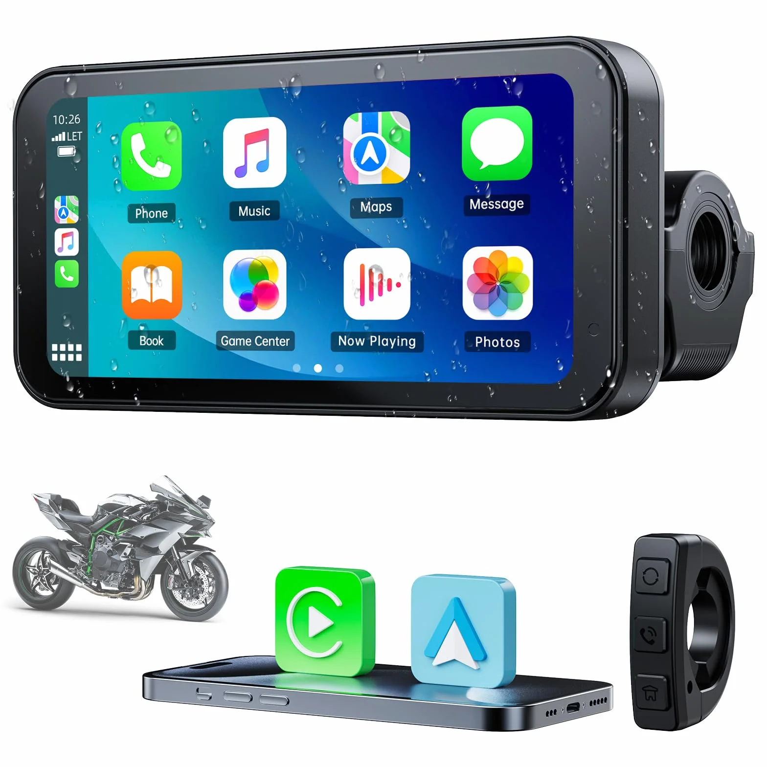 Volam Motocyklowy ekran Carplay z designerskim uchwytem do motocykli, bezprzewodowy CarPlay i Android Auto, przenośny ekran dotykowy 6,25", obsługuje nawigację/asystent głosowy