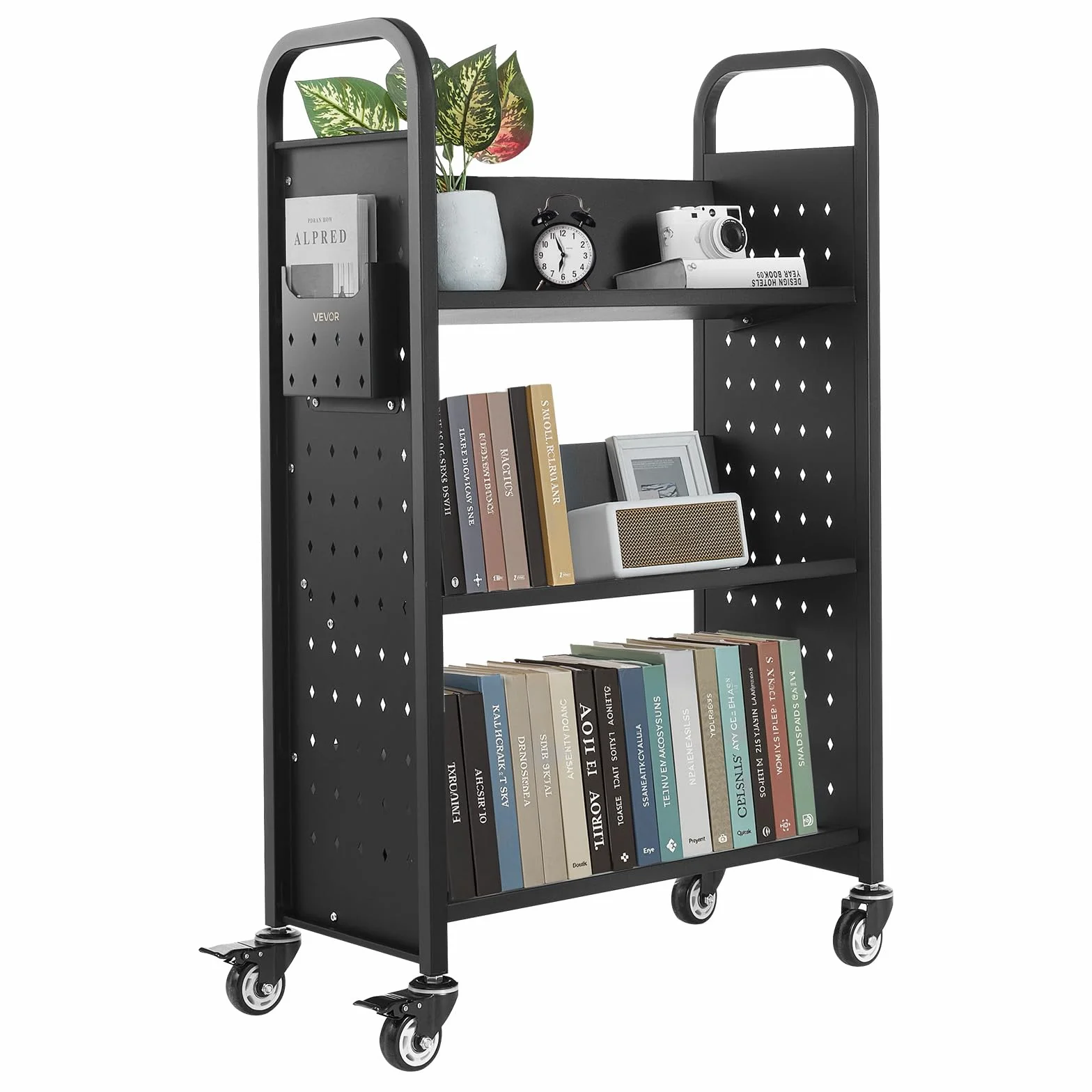 VEVOR Koszyk na książki z biblioteką na kółkach, pojemność 150 kg, wózek biblioteczny 30 x 15 x 48 cm, jednostronne półki w kształcie litery V z 3-calowymi zamykanymi kółkami, ciężarówka na półki