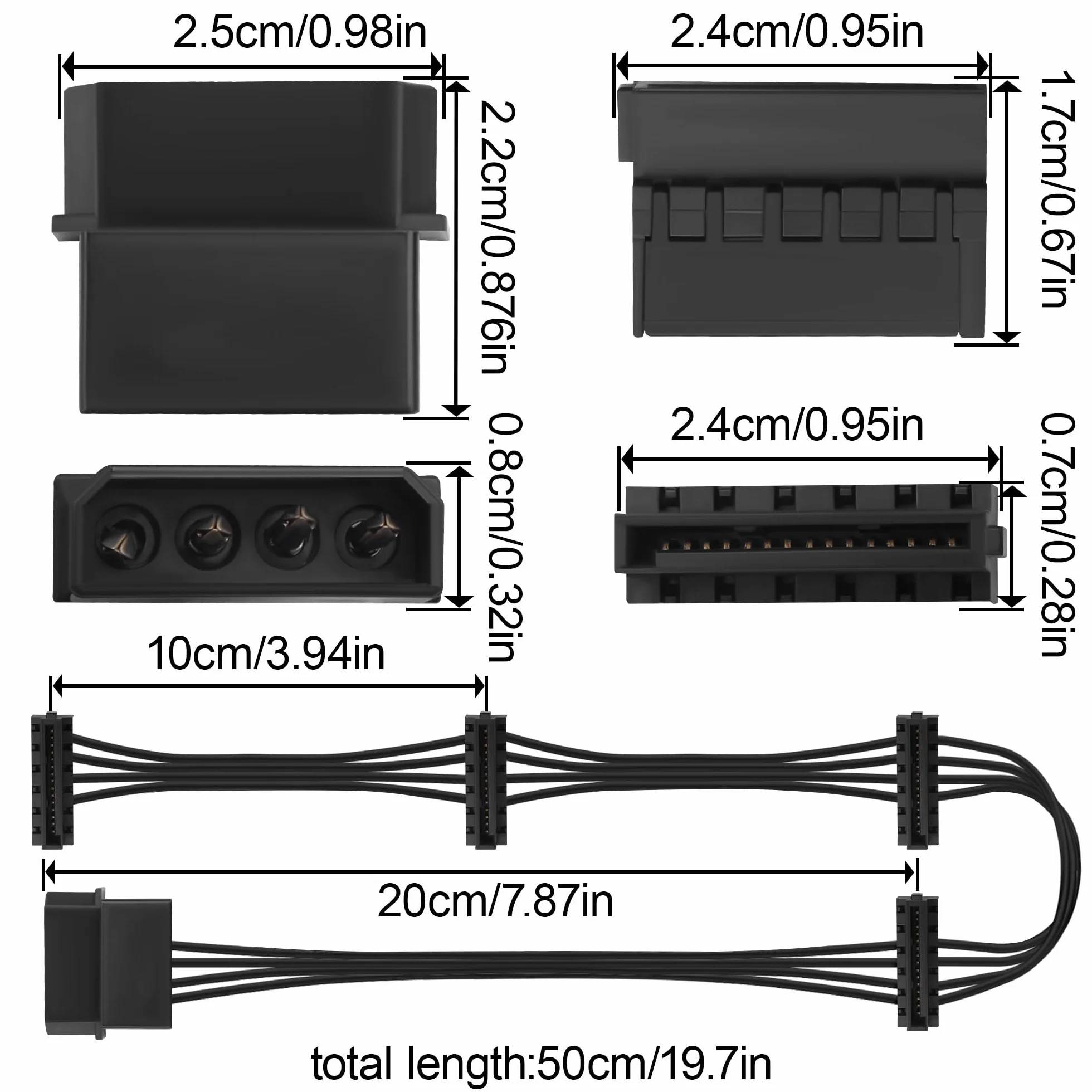 Molex do 4 x kabel rozdzielacza zasilania SATA 52 cm 18AWG ocynowana miedź - do rozszerzenia PC/NAS/serwera HDD/SSD