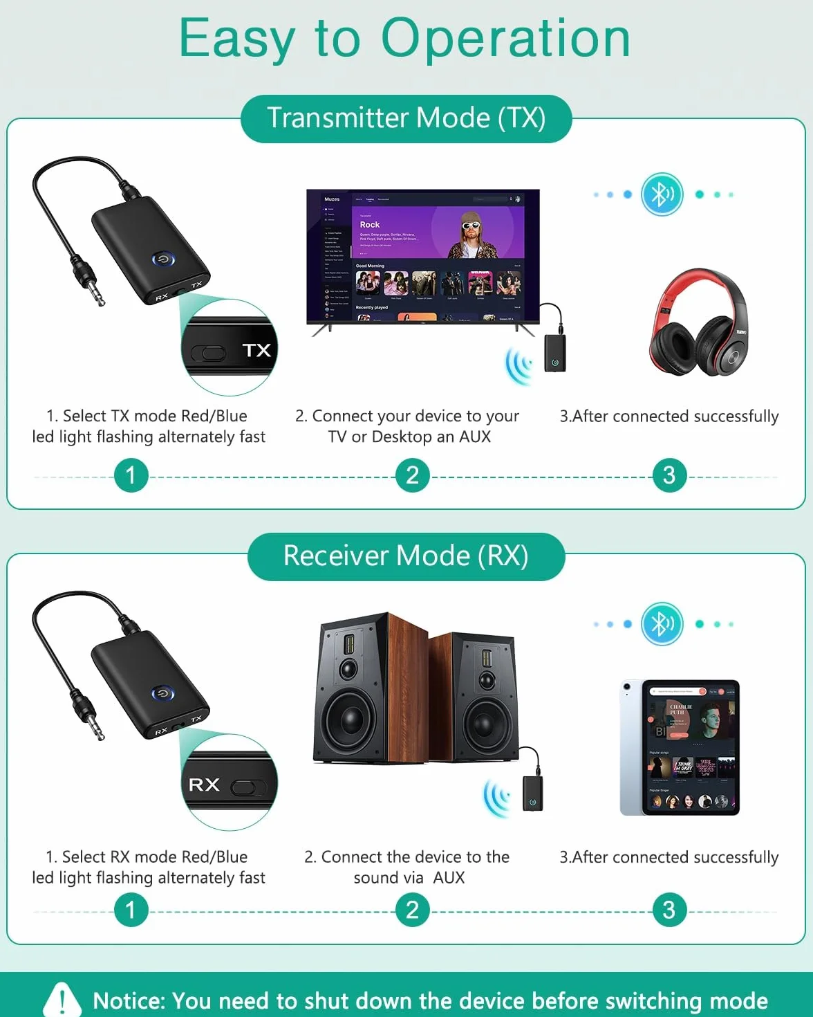 ORIA Samochodowy odbiornik Bluetooth, adapter Bluetooth 5.3, 2 w 1, pomocniczy adapter Bluetooth do samochodu, zestawu słuchawkowego, zestawu głośnomówiącego, ładowania USB