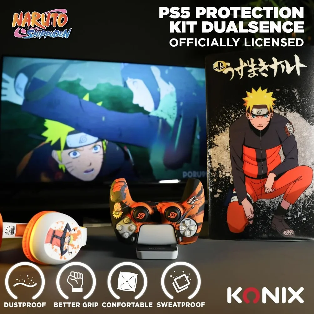 Konix Naruto Shippuden Etui ochronne na kontroler DualSense PS5 - Silikon - Uchwyty na kciuki - Projekt Kurama/Kyûbi Naruto - Czarny