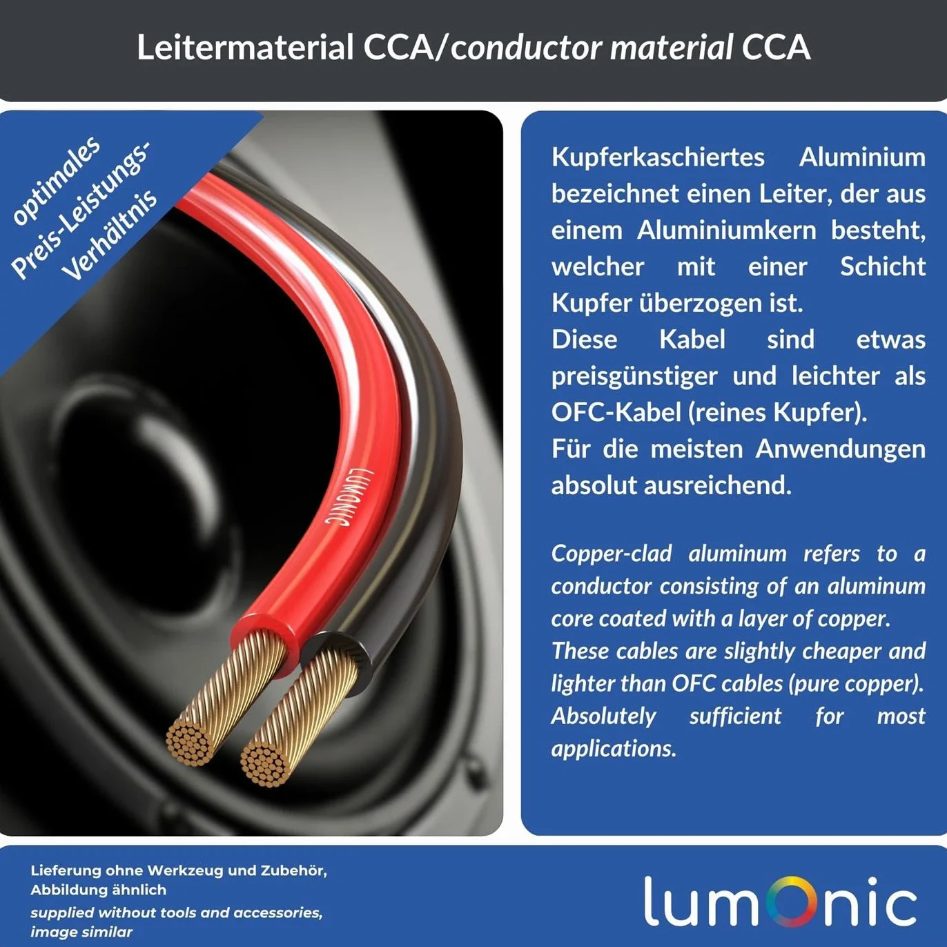 Lumonic Kabel glosnikowy | 50m Czerwony Czarny | 2x 0,75mm² CCA | Kabel glosnikowy HiFi | Podwójna linia audio
