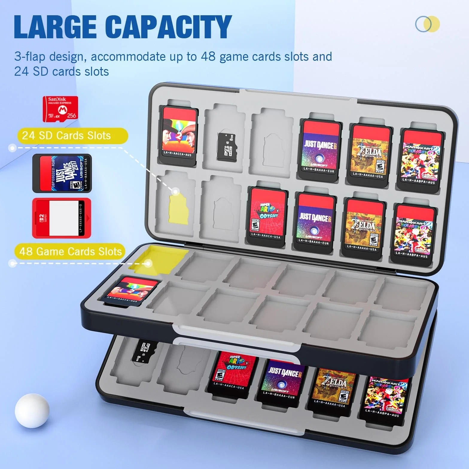MoKo 48 Game Card Case for Nintendo Switch 2 / Switch OLED / Lite, Portable Game Storage Holder Case with 48 Game Card Slots & 24 Micro SD Cards Slots, BkWhtG