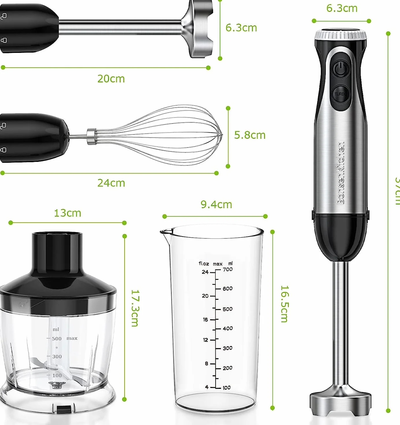 Bonsenkitchen HB3203 elektryczny blender immersyjny, blender ręczny 4 w 1, 1000 W, bezstopniowa prędkość, stal nierdzewna, trzepaczka, rozdrabniacz 500 ml i kubek z miarką 700 ml (czarny)