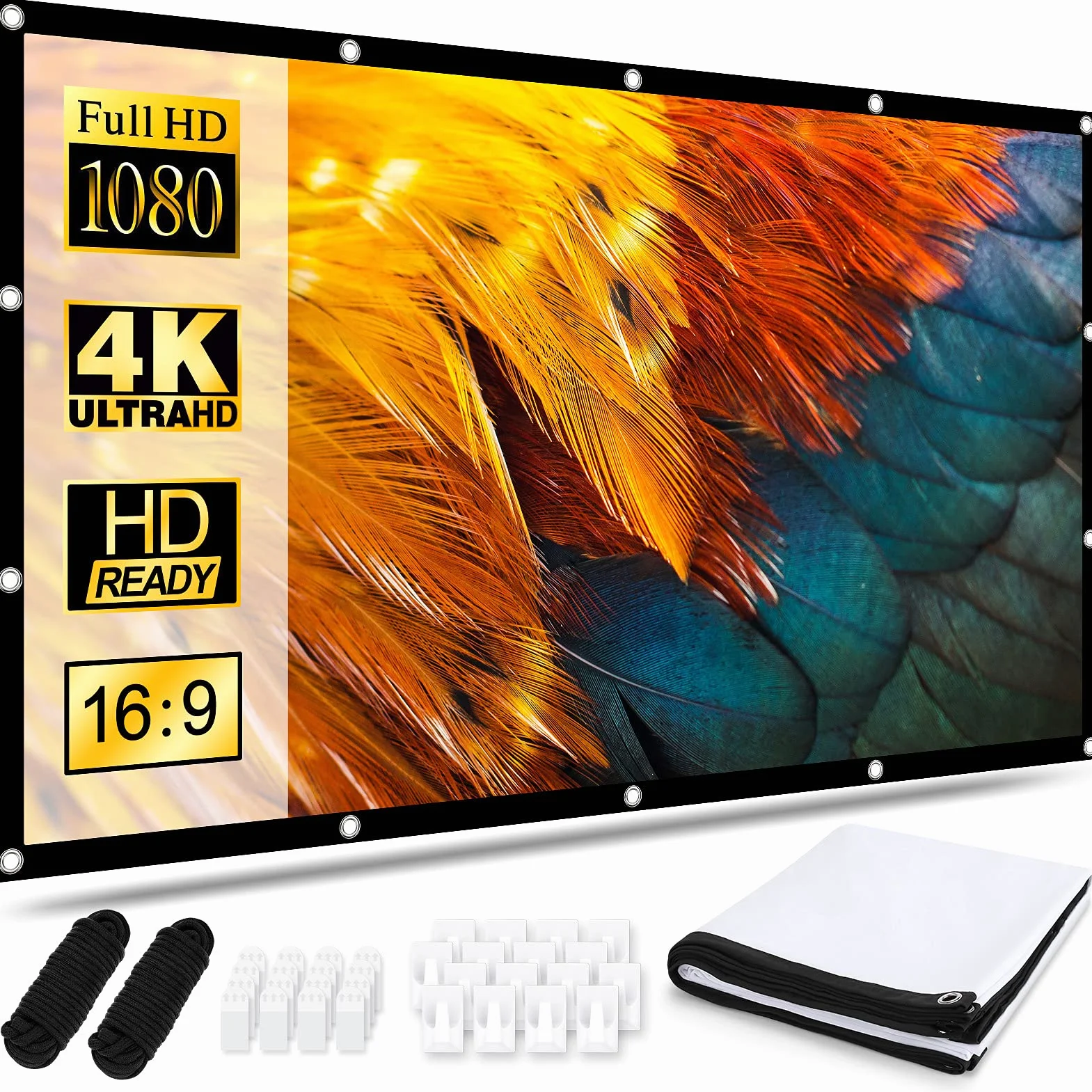Ekran projektora, 120 cali, przenośny ekran filmowy 16:9 HD, 4K, składany, odporny na zagniecenia, ekran kinowy, obsługa dwustronnej projekcji do kina domowego, wewnątrz, na zewnątrz, na podwórko