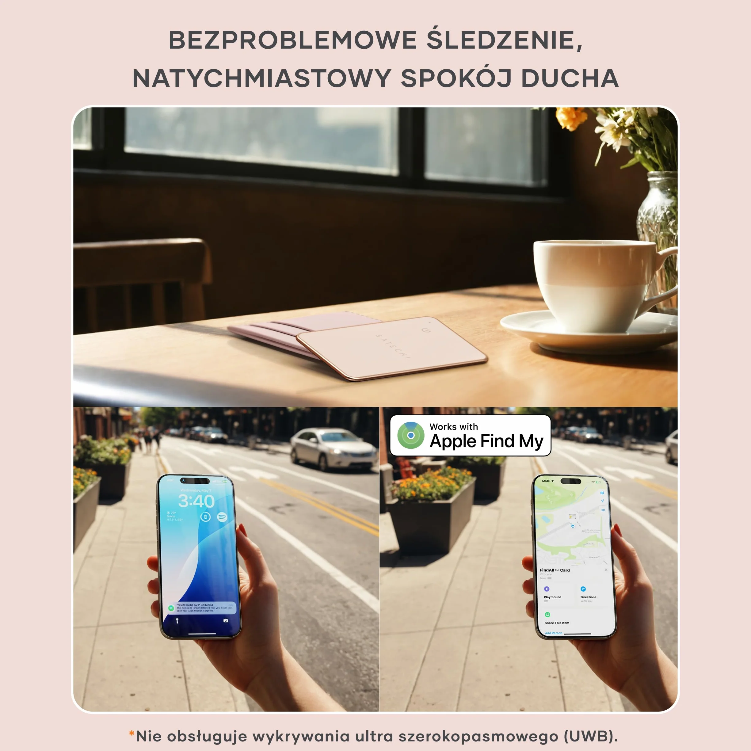 SATECHI FindAll Air GPS Wallet Tag Z Funkcją Apple Find My, Alertem O Zgubieniu, Głośnym Dźwiękiem, Ładowaniem Bezprzewodowym, Lekką Kartą GPS, Lokalizatorem Dla iPhone, iPad I Mac – Desert Rose