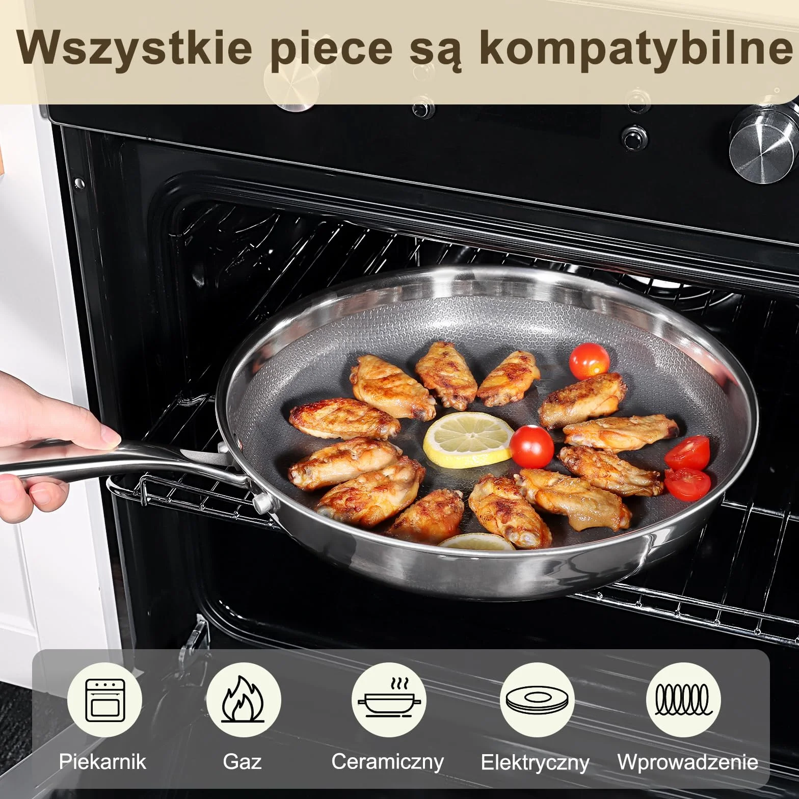 Patelnia GiPP 30CM ze Stali Nierdzewnej z Potrójnym Dnem, Nieprzywierająca Powłoka Plastrem Miodu, Kompatybilna z Indukcją, Nadaje się do Piekarnika, Do Smażenia i Zdrowego Gotowania (z pokrywą)