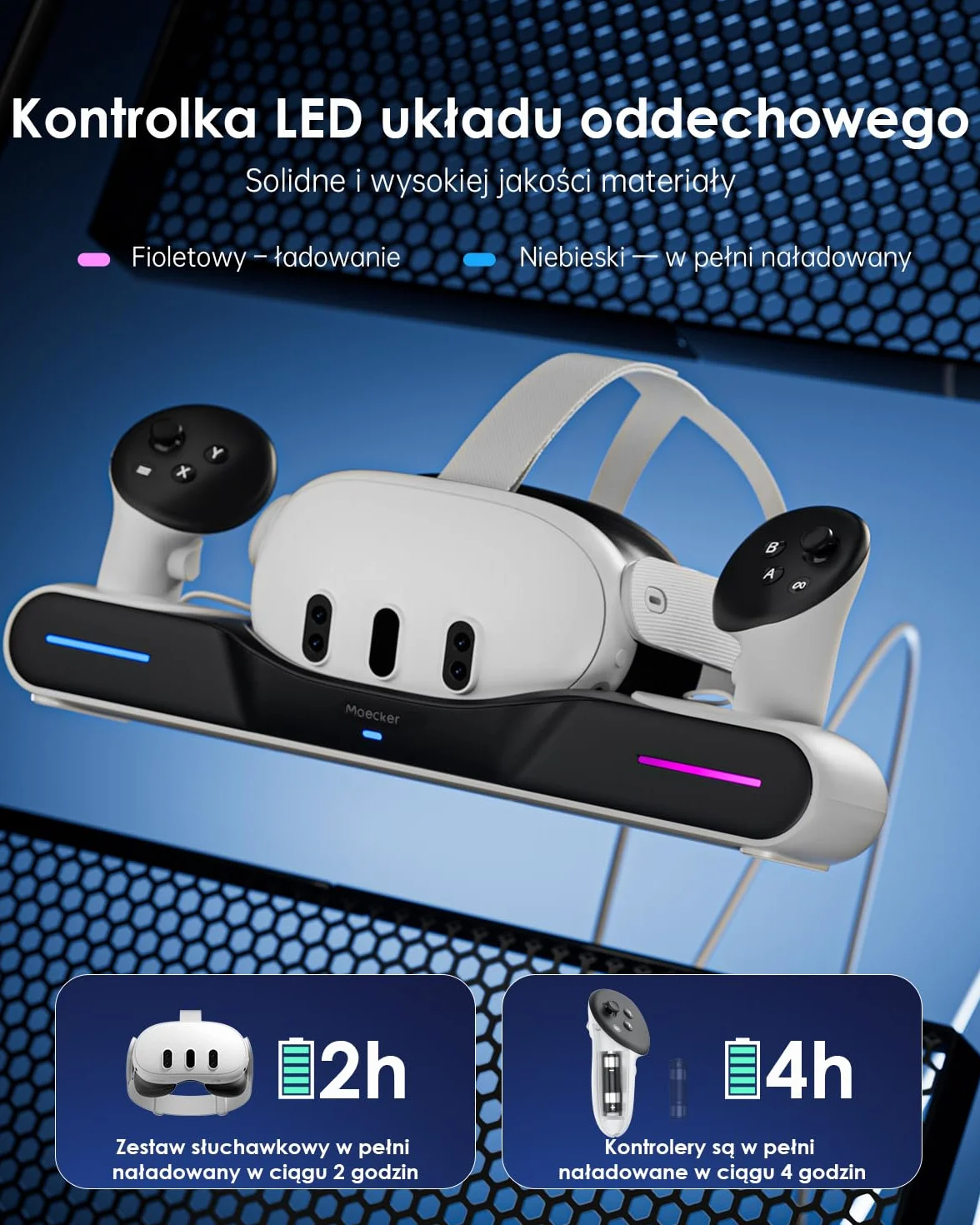 Stacja ładowania Quest 3 z drop-in charging headsets i kontrolerami akcesoria z 2 akumulatorami