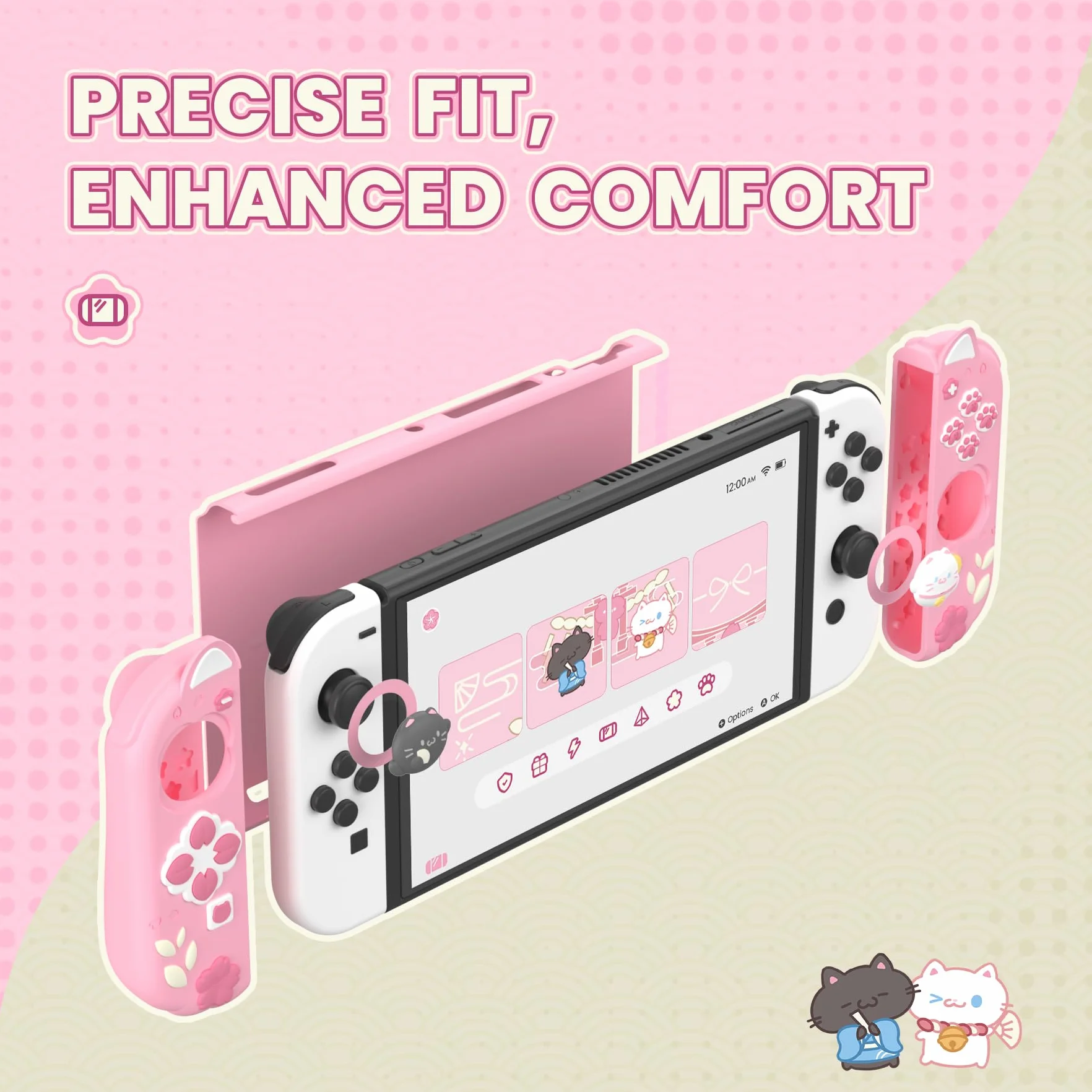 PlayVital Etui Ochronne do Switch OLED z Podpórką, Nakładkami na Joysticki, Twarda Obudowa Kompatybilna z Dockiem, Silikonowy Grip do Joyconów – Różowy Kotek Kwiaty Wiśni