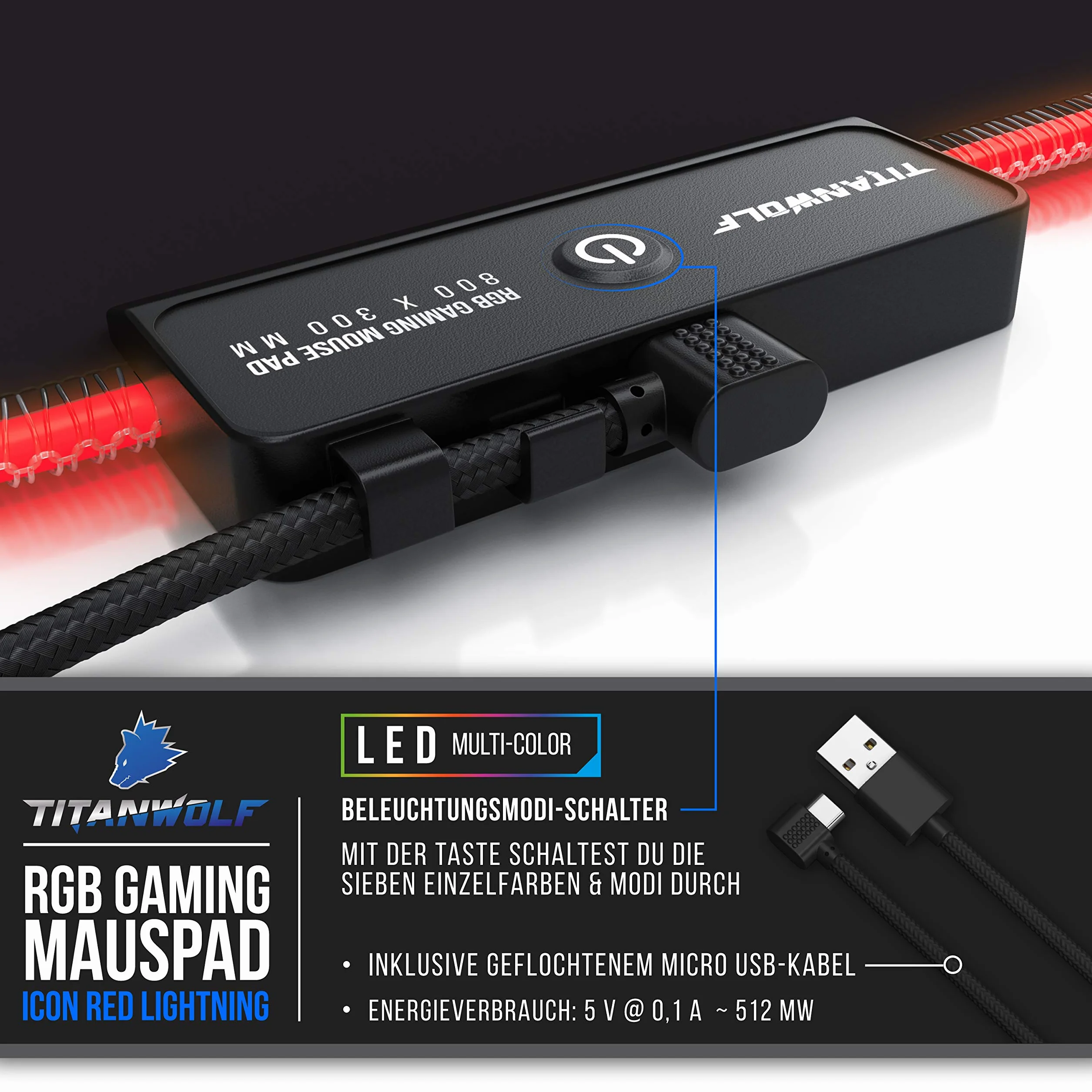 CSL-Computer Titanwolf gamingowa podkładka pod mysz RGB, podkładka na biurko, 800 x 300 mm, XXL podkładka pod mysz, LED, wielokolorowa, 11 trybów oświetlenia, 7 kolorów LED, plus 4 tryby efektu, zmywalna, czarna