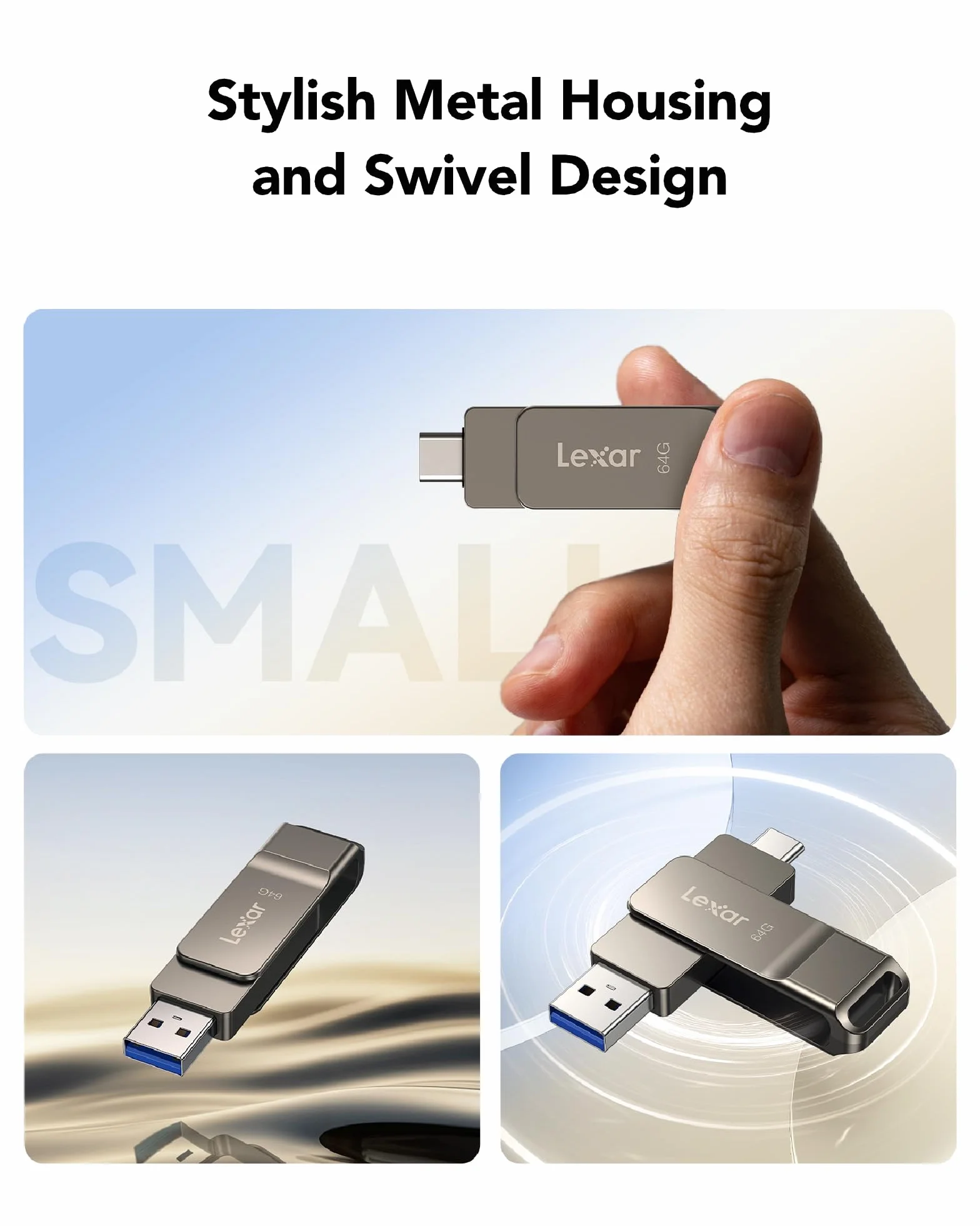 Lexar D40E 64GB Dual USB 3.2 Gen 1 Type-C Jump Drive, USB-C Flash Drive Materiał metalowy obrotowy klucz USB, kompatybilny z iPhonem, szary tytanowy