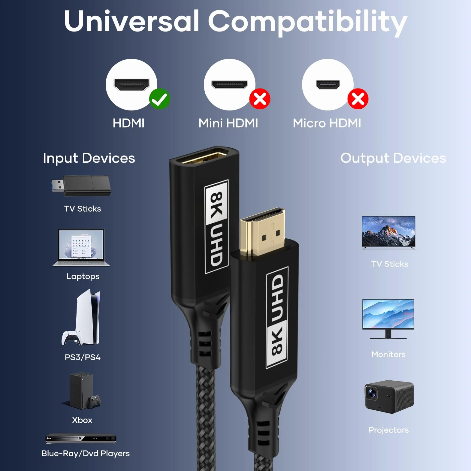 Kabel przedłużający HDMI, 1 m 8K, 60 Hz, 4K, 120 Hz/144 Hz, kabel HDMI 2,1,48 Gb/s, męski na żeński, ultraszybki UHD eARC HDCP 2.3, HDR10+, dynamiczny, kompatybilny z telewizorem, HD, PS5, PS4 (czarny