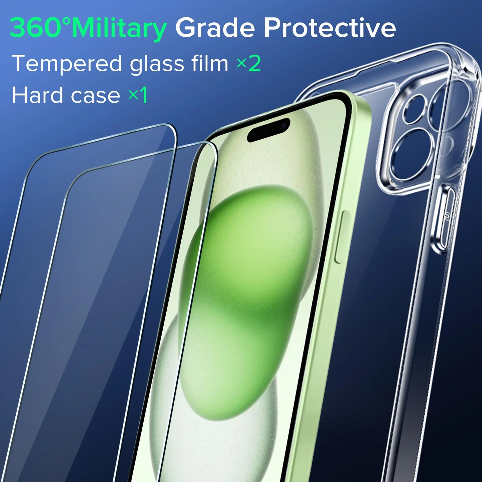 iVoler Zestaw 3 w 1 kompatybilny z iPhone 15 (6,1"). 1 etui + 2 szt. szkła hartowanego. Nie żółknie, ochrona aparatu, cienkie, przezroczyste i odporne na wstrząsy