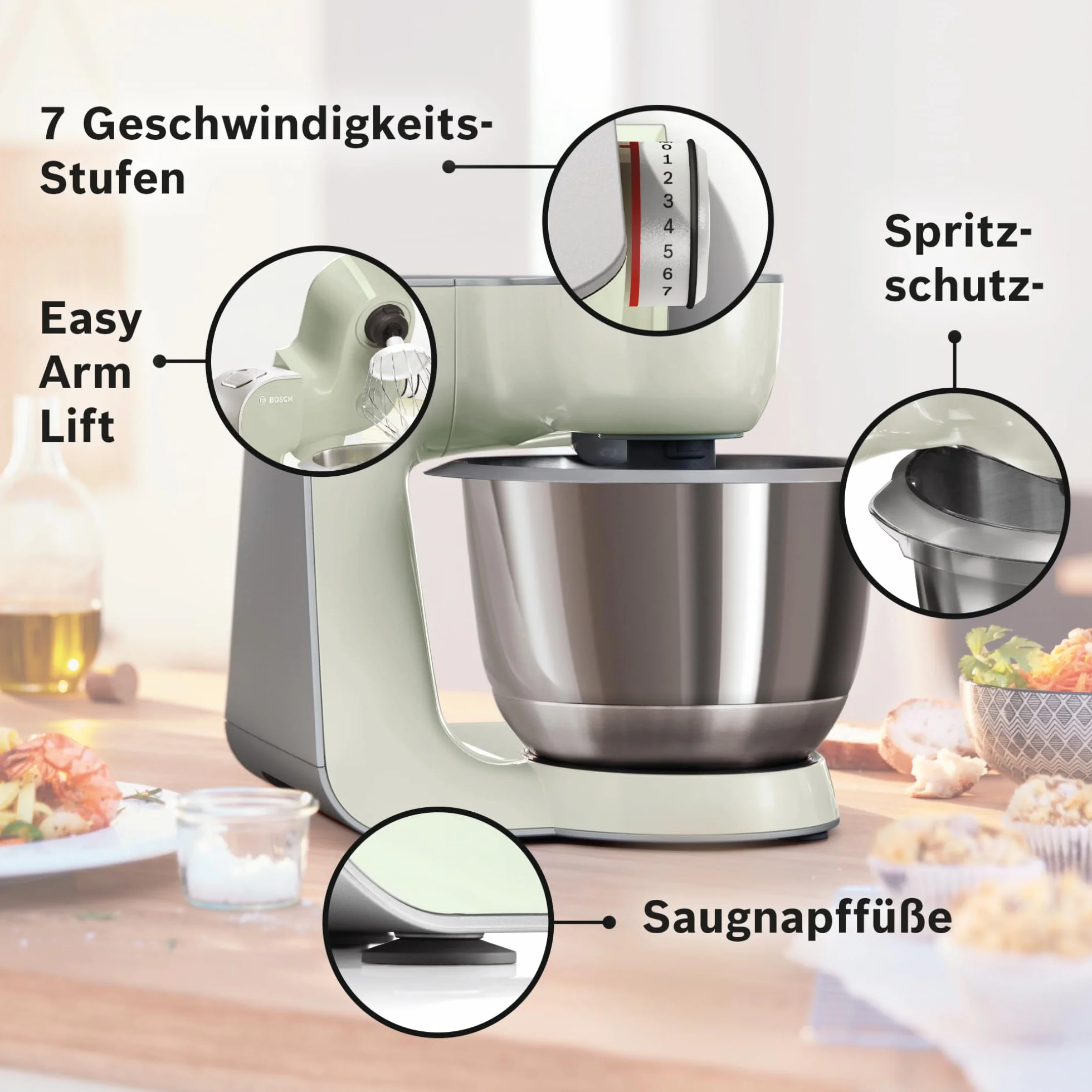Bosch MUM5 wielofunkcyjny robot kuchenny, 1000W, maszynka do krojenia i ubijania, mikser planetarny, hak do ciasta, rozdrabniacz do owoców i warzyw, misa 3,9l, kolor szary, srebrny, MUM58L20