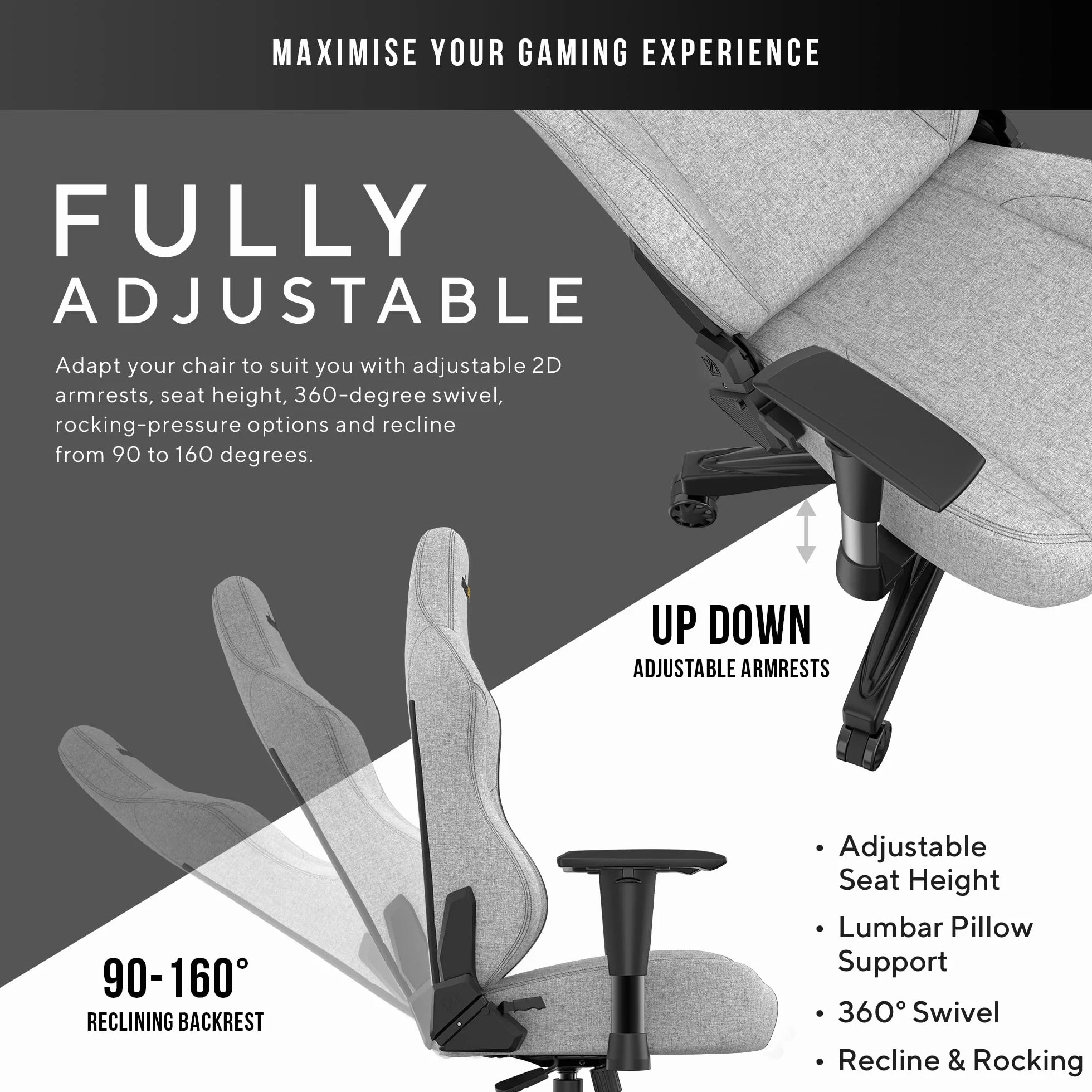 AndaSeat Phantom 3 Series Premium krzesło biurowe dla graczy, szara tkanina, głębokość siedziska 52 cm
