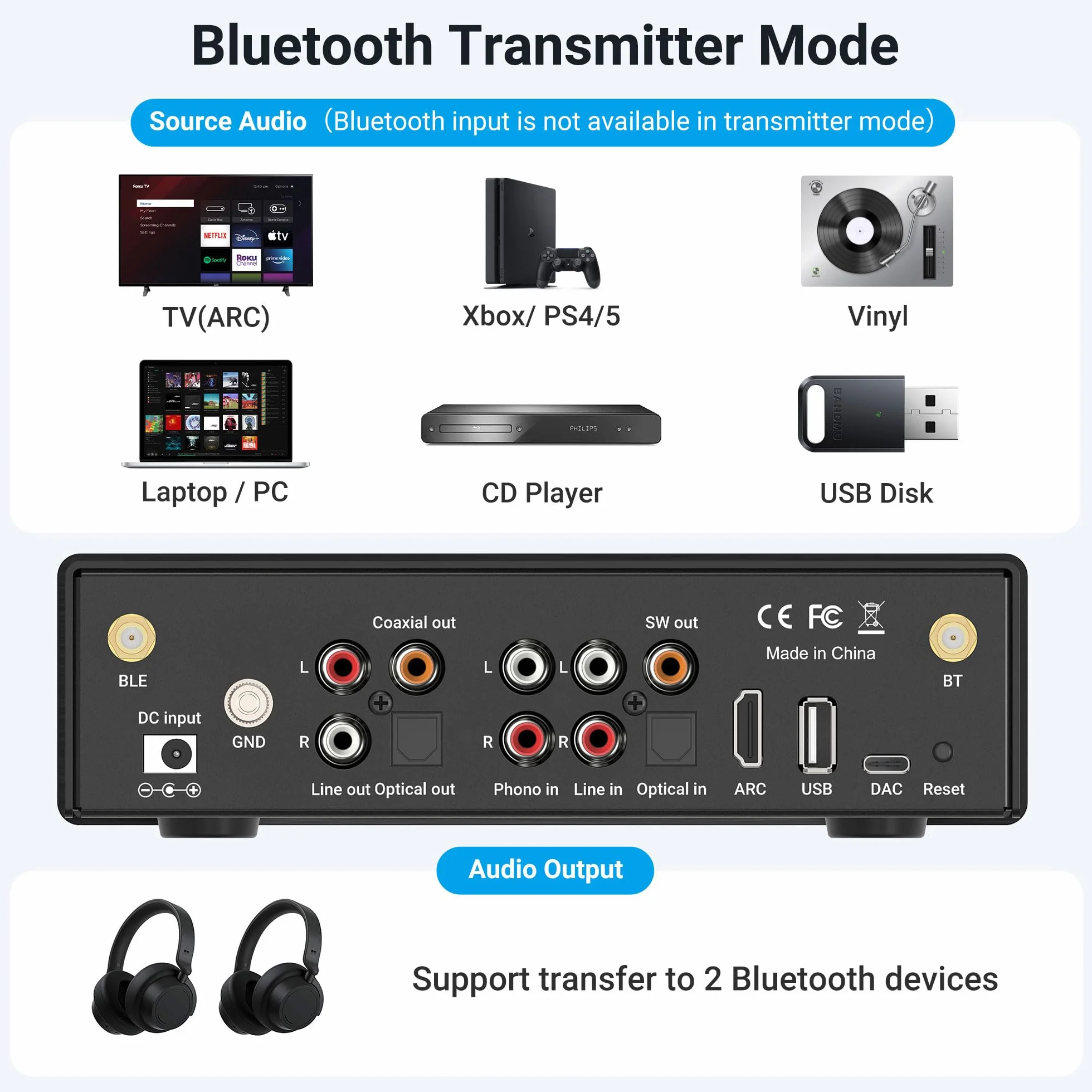 Arylic BP50 Bluetooth 5.2 aptX Domowy przedwzmacniacz audio z HDMI ARC, wejście Phono i GO Control APP Adapter audio z DAC, wyjścia RCA dla odbiornika AV.