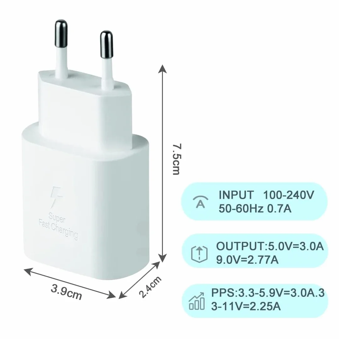 Szybka ładowarka do Samsung Galaxy A25, A15, A55, A35, A05s / S24+, S24 Ultra, S24, S23 FE... USB-C 25W TA-800 biała