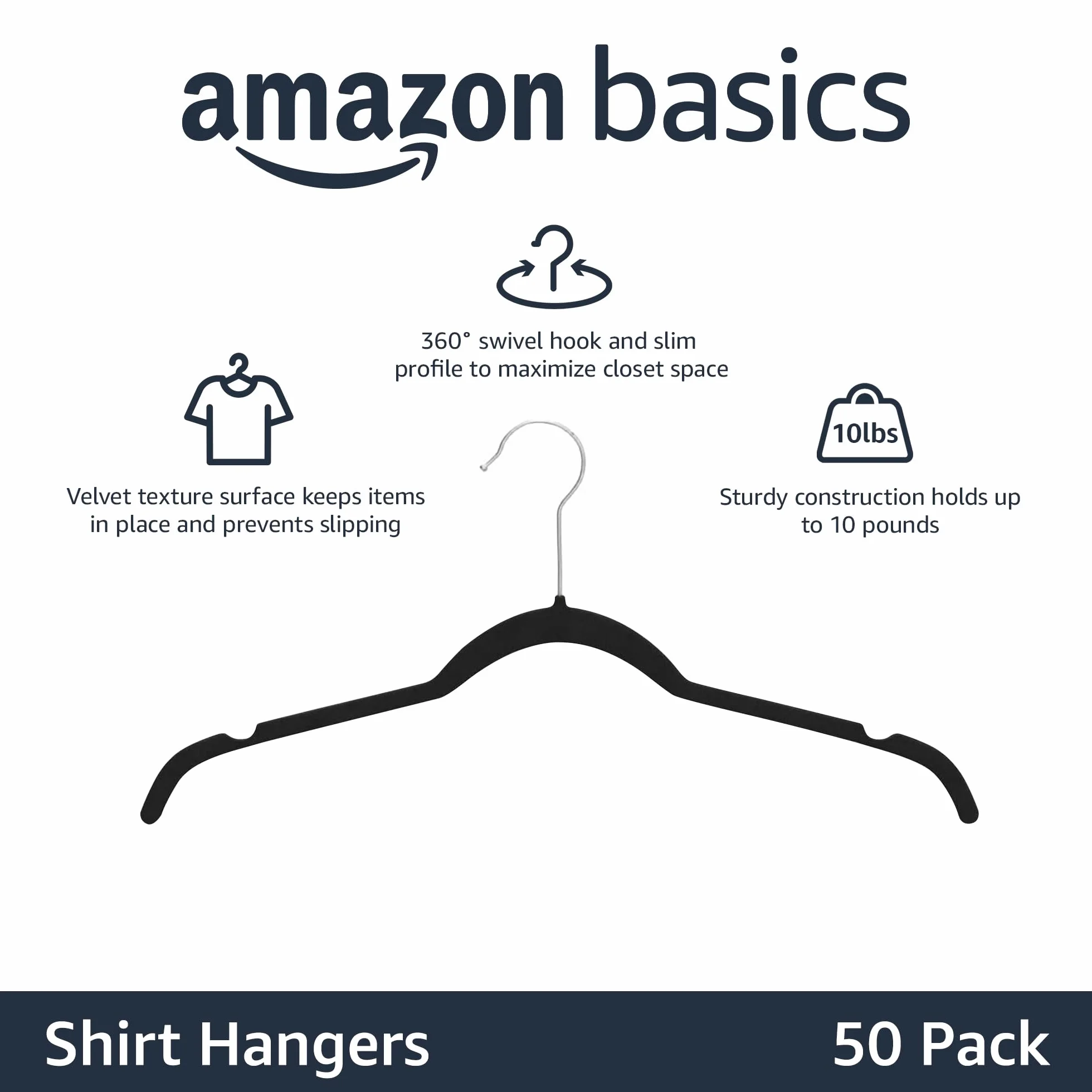 Amazon Basics Wieszaki na koszule aksamitne czarne 50 sztuk