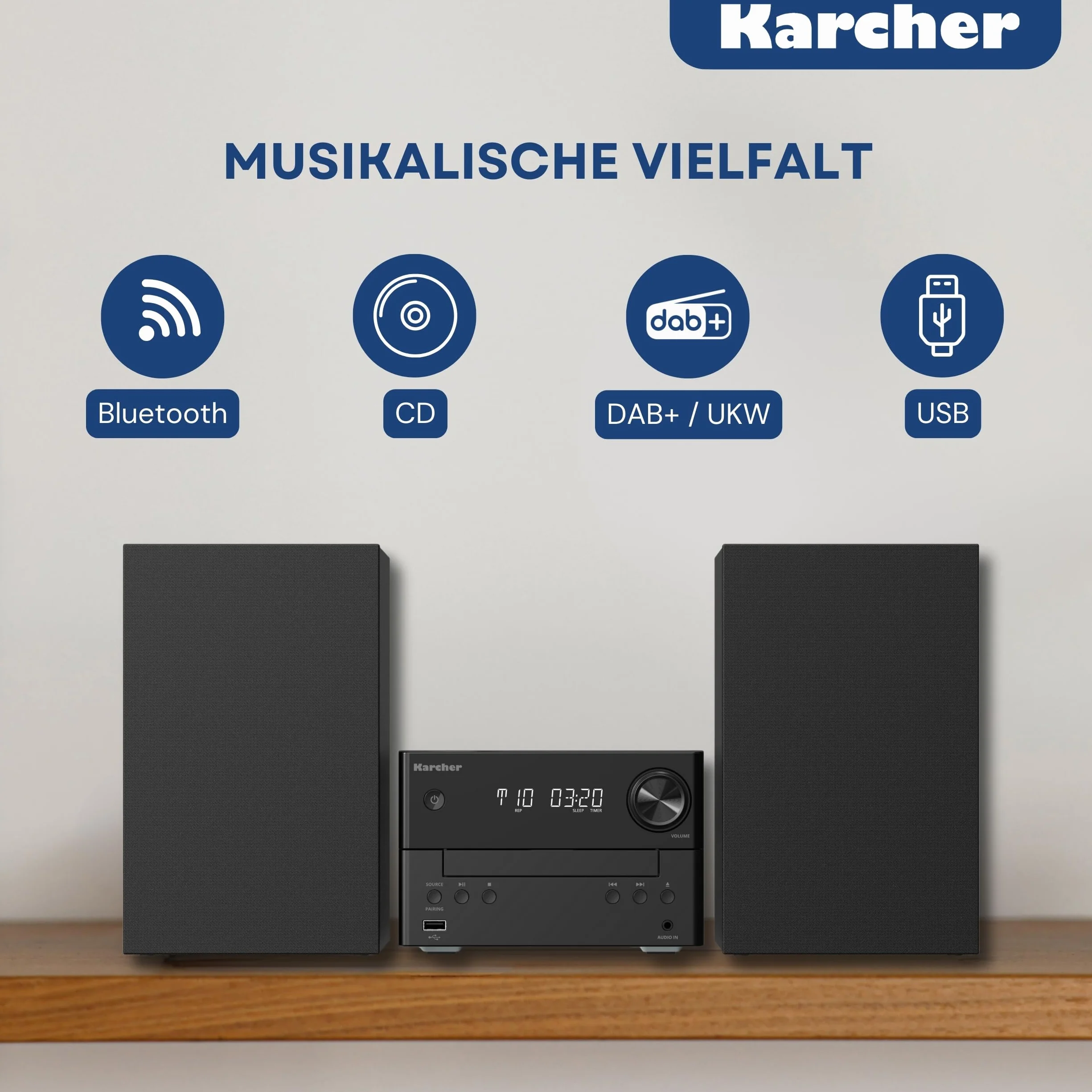Karcher MC 6475D zestaw stereo kompaktowy z odtwarzaczem CD, radiem DAB+/FM, Bluetooth 5.4, odtwarzanie MP3 przez USB/AUX, centrum muzyczne z 20 W RMS, budzik i pilot zdalnego sterowania