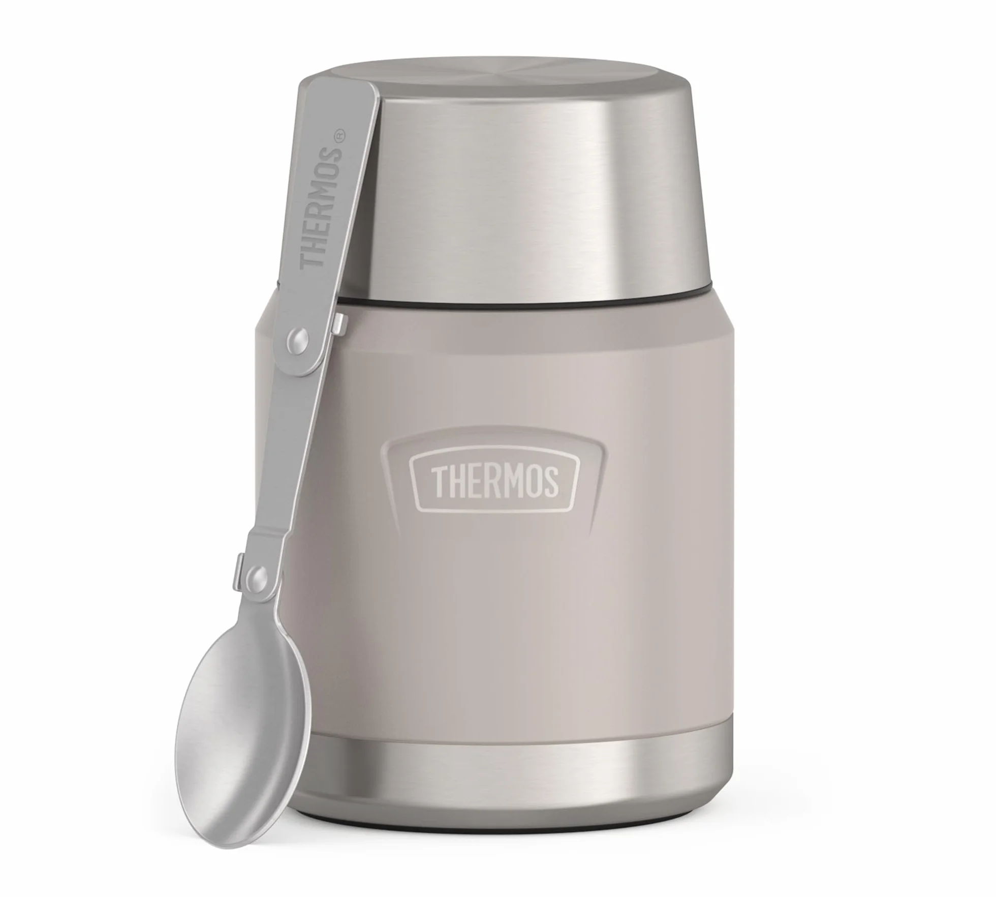 Thermos ICON Food Jar 0,47 l, beżowy matowy piaskowy kamień, naczynie do jedzenia 470 ml, podwójne ścianki ze stali nierdzewnej 18/8, utrzymuje ciepło i zimno, ze składaną łyżką, antypoślizgowe dno,