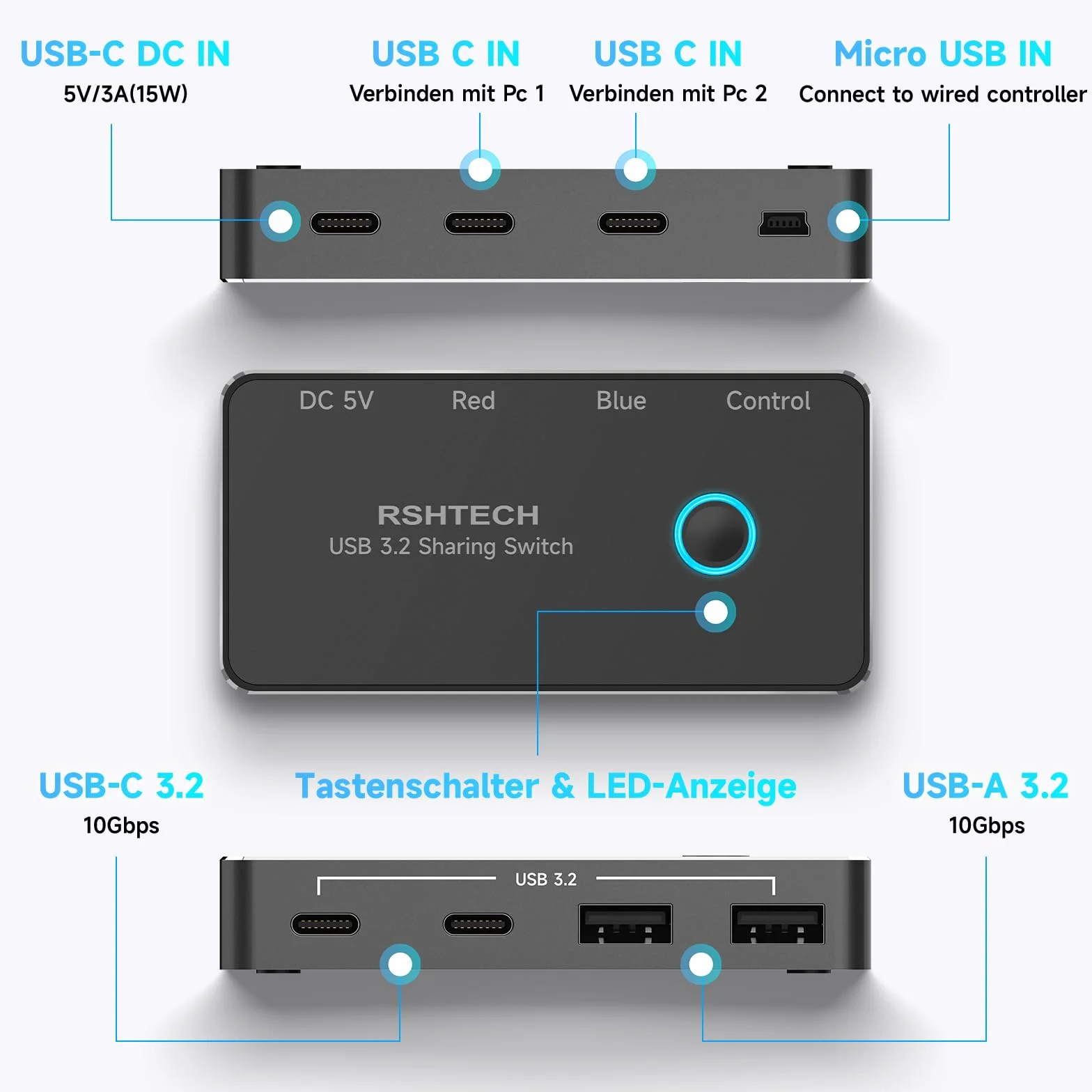 RSHTECH Przełącznik Kvm 10 Gbps 2 PC 2 monitory – USB 3.2 przełącznik 2 w 1 out, przełącznik USB z 2 typami A i 2 typami C – w zestawie kontroler do komputera stacjonarnego i 2 kable do transmisji