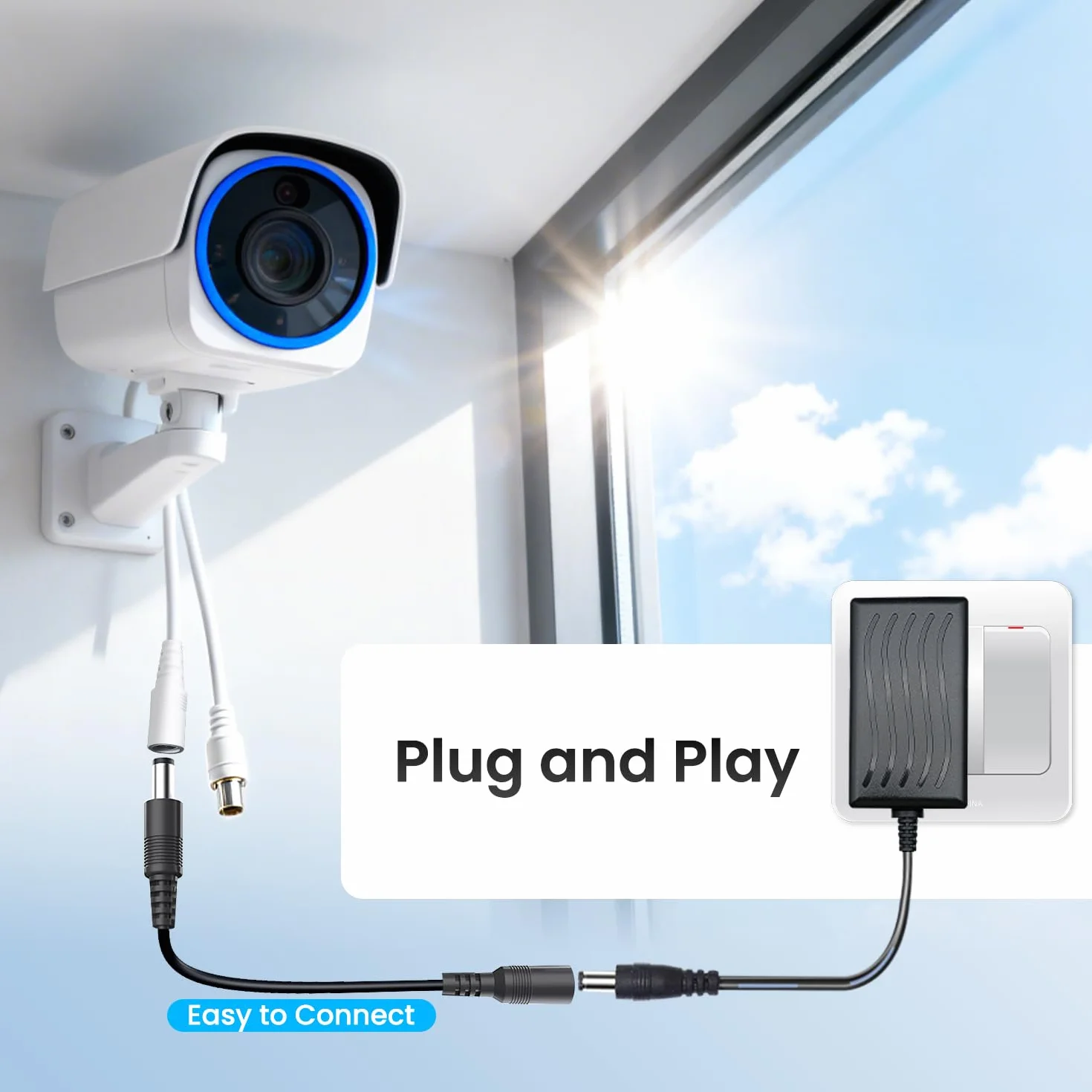 Przedłużacz prądowy, 10 m, 5,5 mm x 2,1 mm, kompatybilny z uniwersalnym kablem adaptera 12 V DC lub ładowarką ścienną do kamer monitorujących (IP), paskami LED i innymi (czarny)