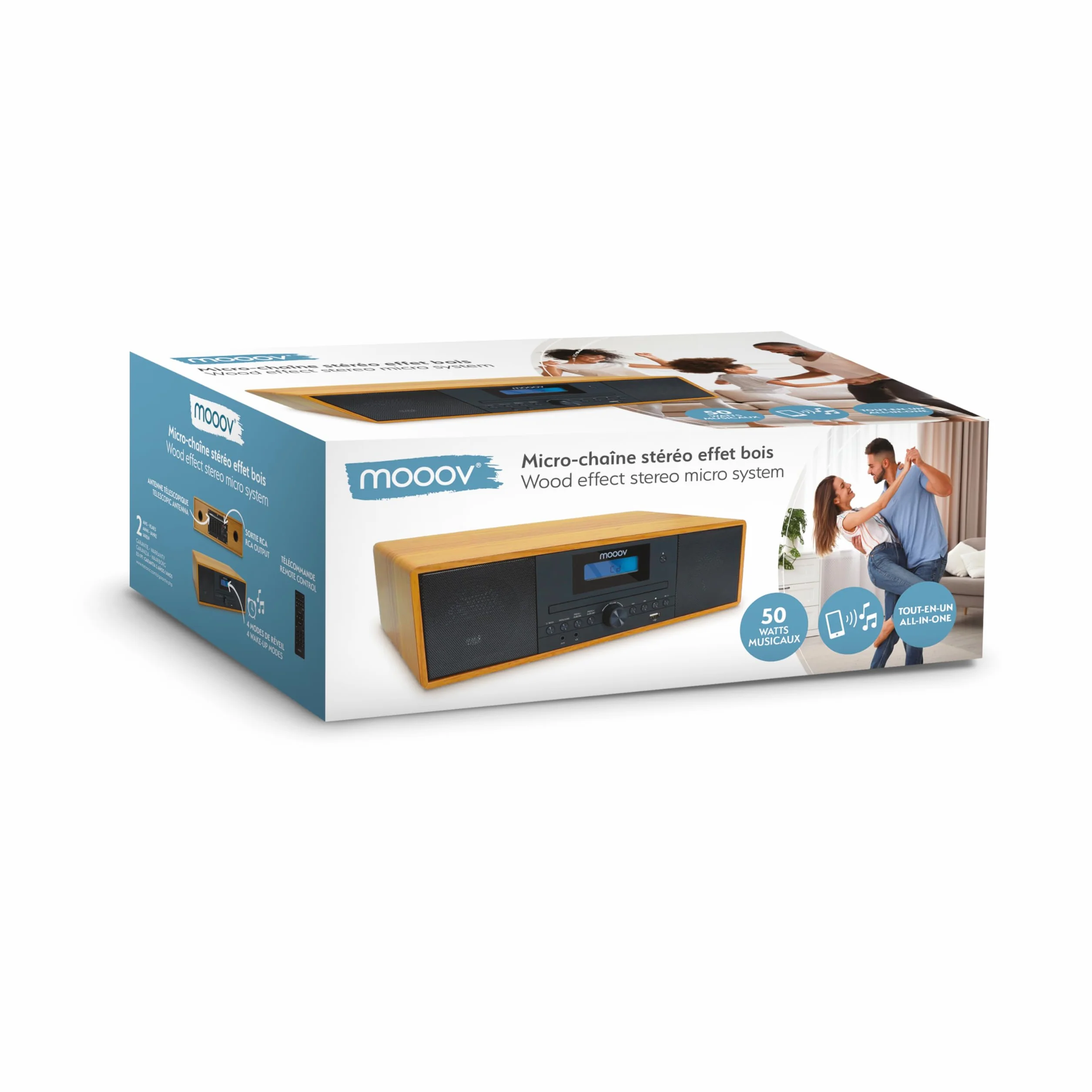MOOOV 477380 Bezprzewodowy mikro łańcuch HiFi z efektem drewna Odtwarzacz CD Radio FM z pilotem