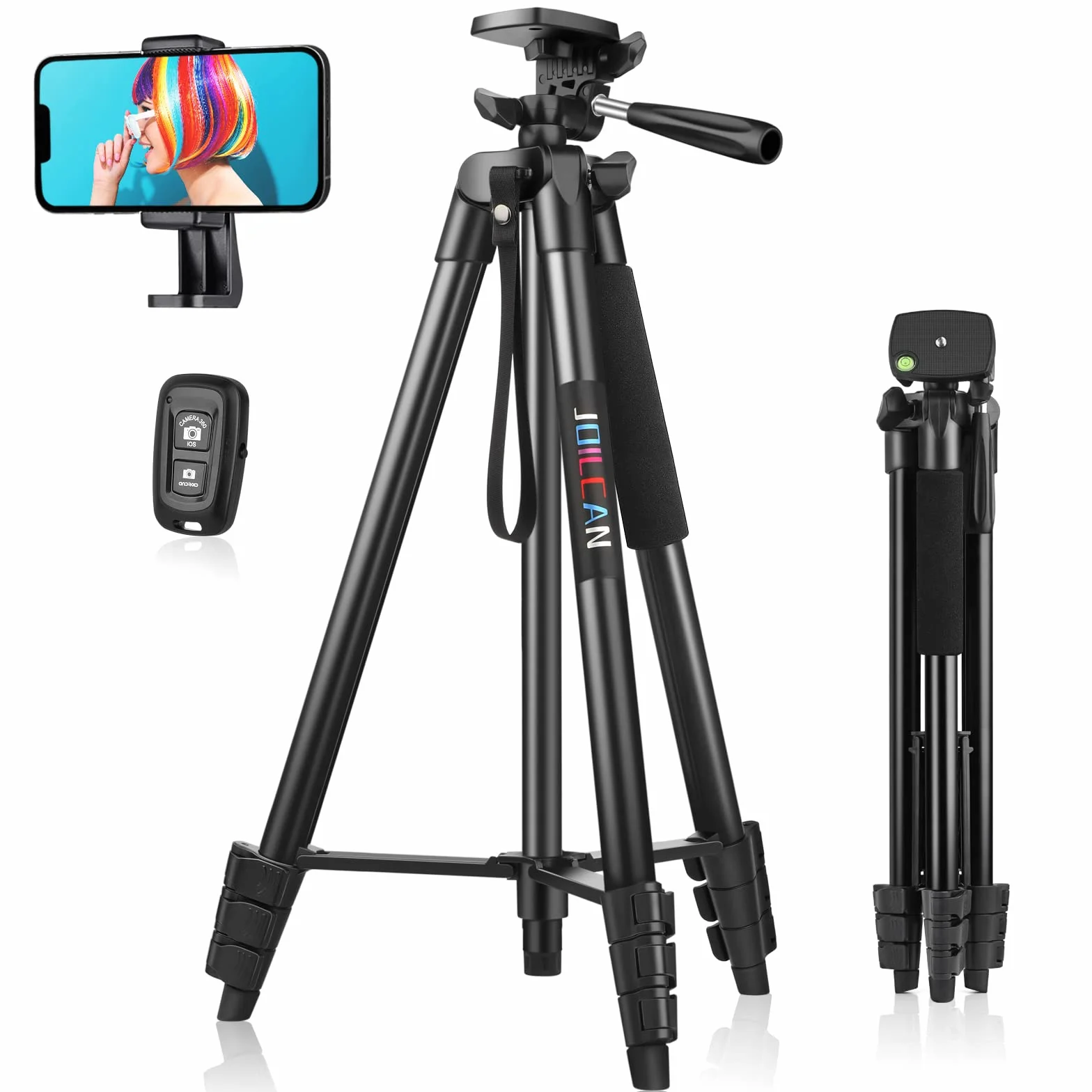 JOILCAN Statyw do telefonu iPhone, 161 cm, aluminiowy, wysuwany, na telefon komórkowy, z bezprzewodowym wyzwalaczem, lekki, do selfie, do smartfona, małego aparatu, dla systemu Android i iOS