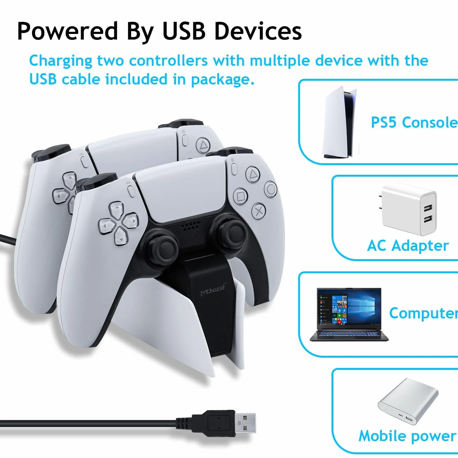 Mcbazel Stacja ładująca PS5 kontroler do kontrolera PS5 DualSense, stacja ładująca ze wskaźnikami LED / szybkie ładowanie/potrójna ochrona