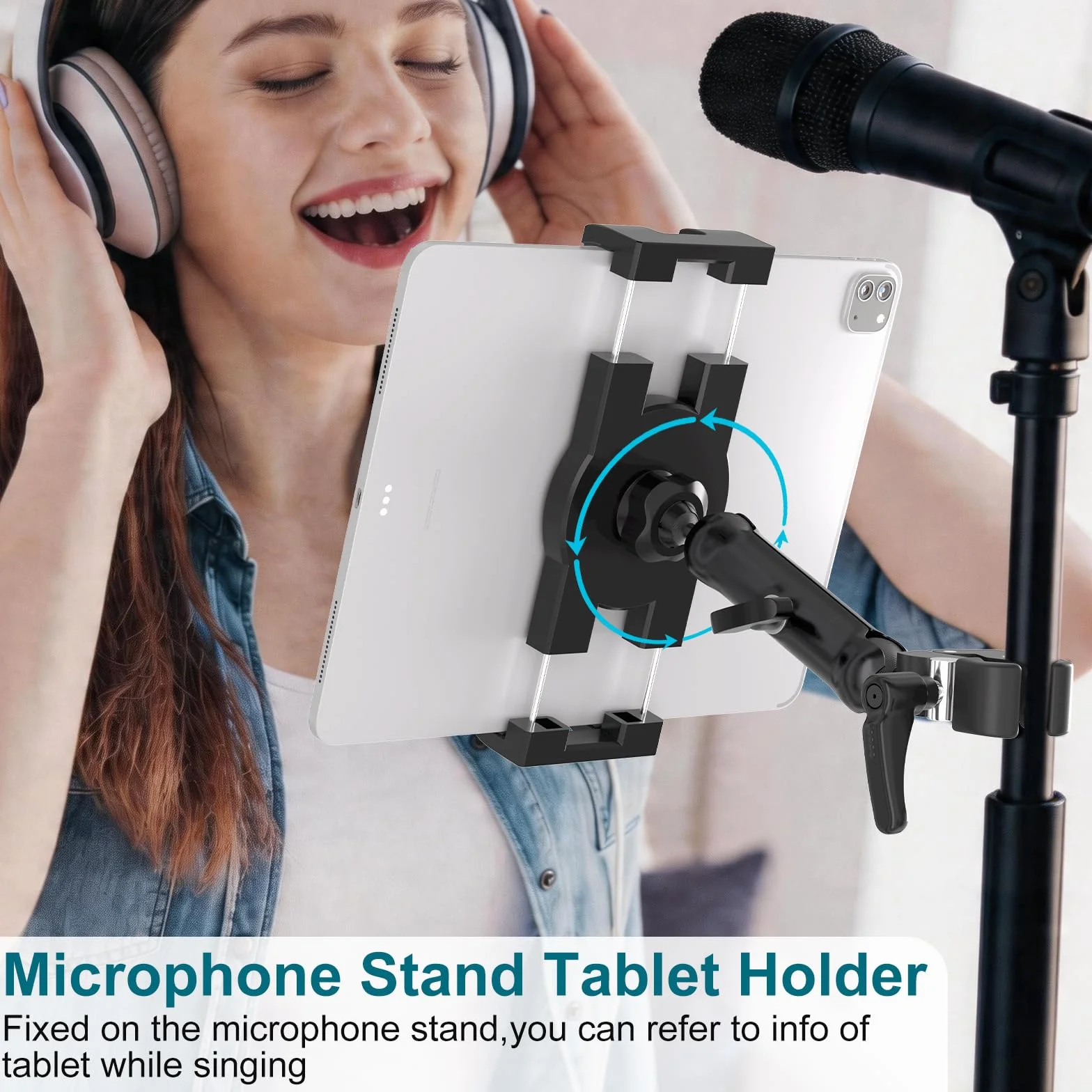Mippko Uchwyt na tablet do stojaka mikrofonowego, stojak muzyczny, uchwyt na iPada, regulacja 360°, ramię ze stopu aluminium, super krab, kompatybilny z iPadem 4.7~32.8 cm iPad/Nexus/LG G Pads