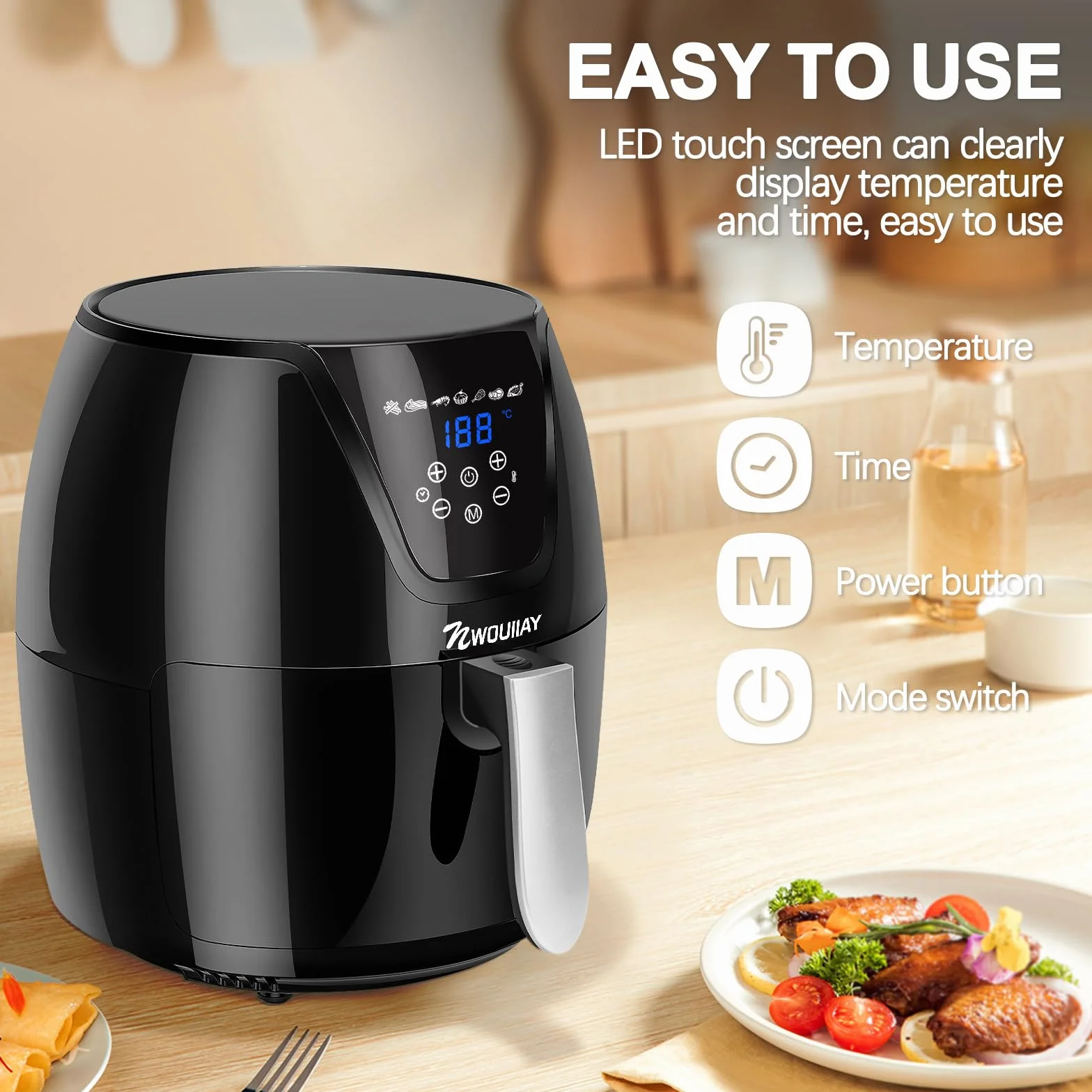 Frytownica na gorące powietrze 1800 W, cyfrowy ekran dotykowy LED, 5,5 l, 7 programów