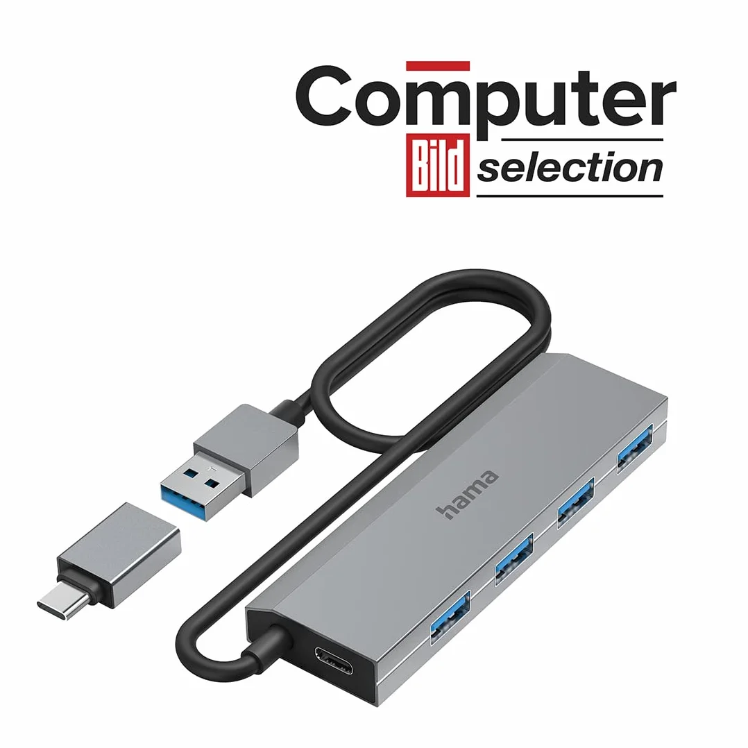 Hama Kompaktowy hub USB C z 4 portami USB A (5 Gbps, USB 3.2 Gen 1, duży rozstaw gnhiazd, kabel 1m) antracyt