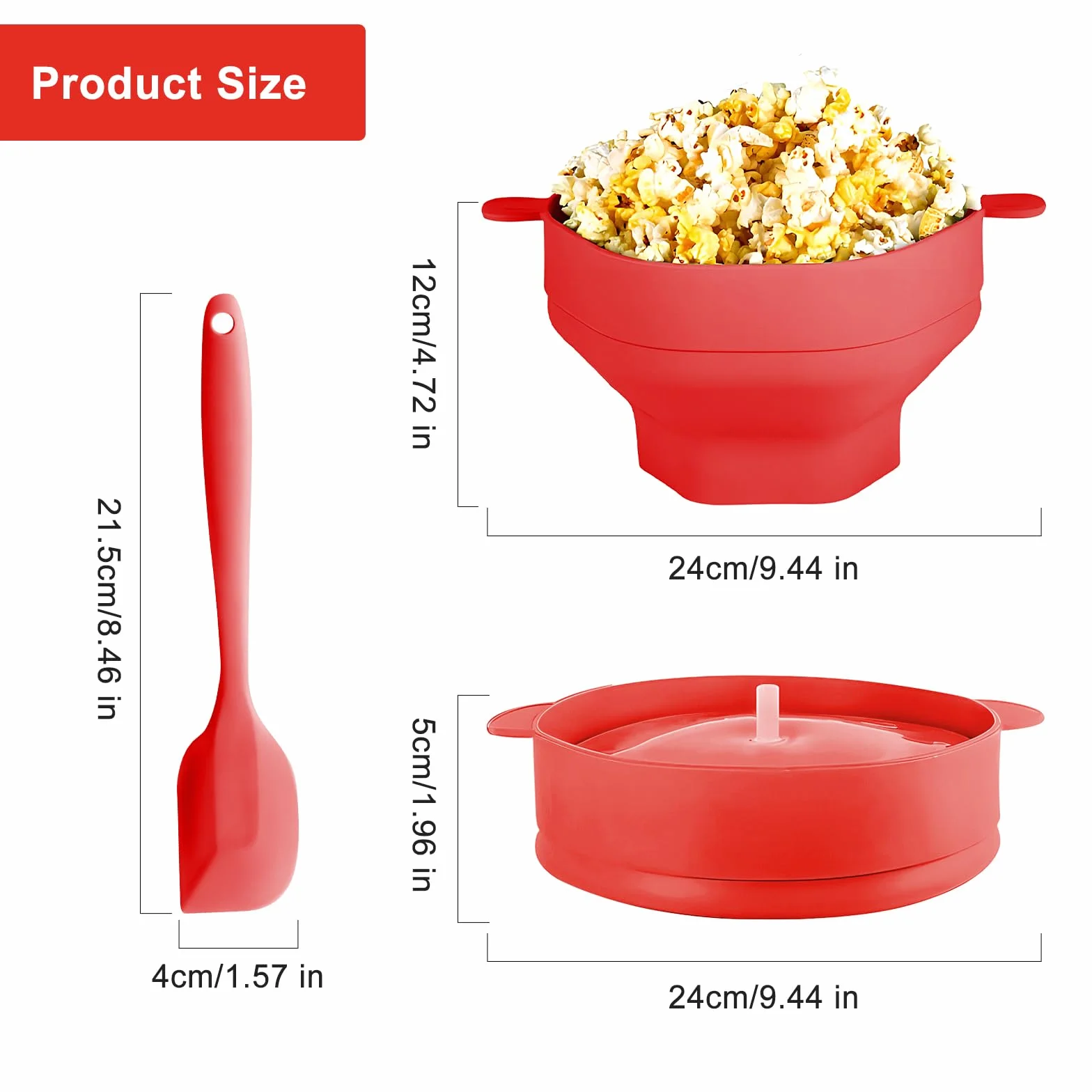 Silikonowa składana miska do popcornu z pokrywką i uchwytem, do mikrofalówki, czerwona