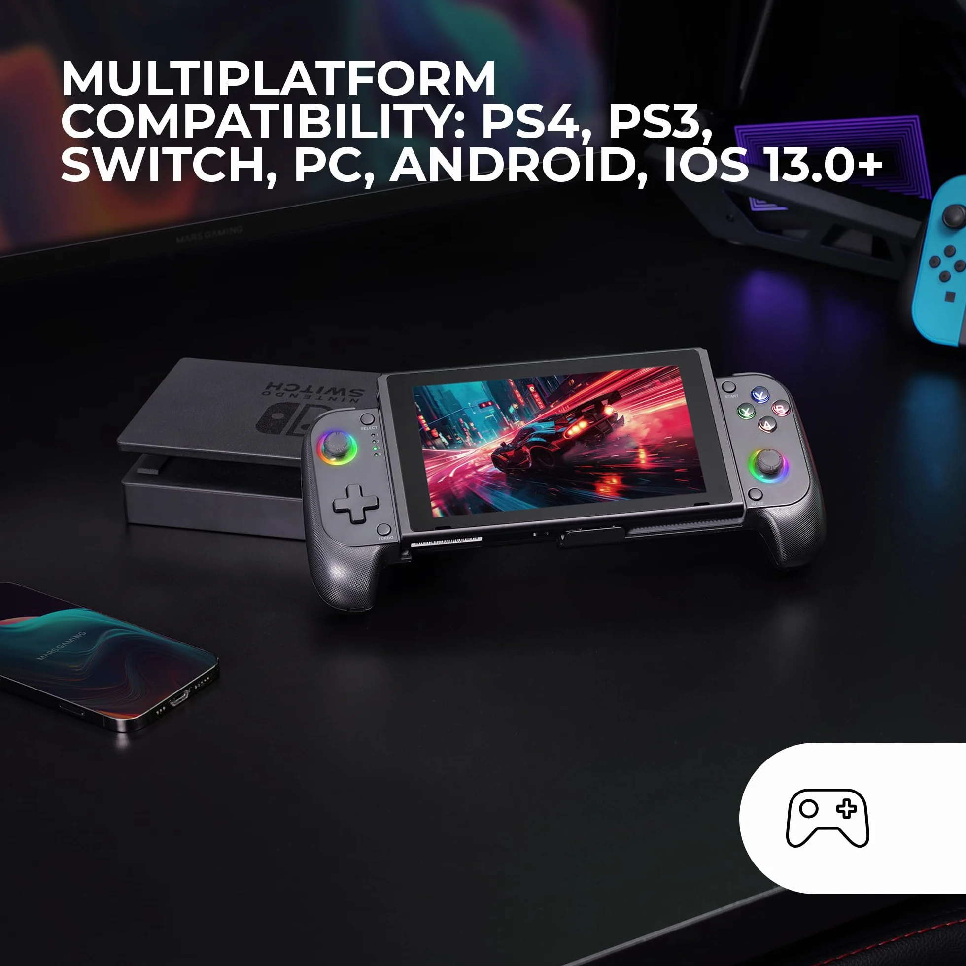 Mars Gaming MGPX Gamepad Bluetooth 5.0 2w1 RGB Neon Podwójna Wibracja Turbo Kontroler PC Android iOS USB-C Etui Czarny