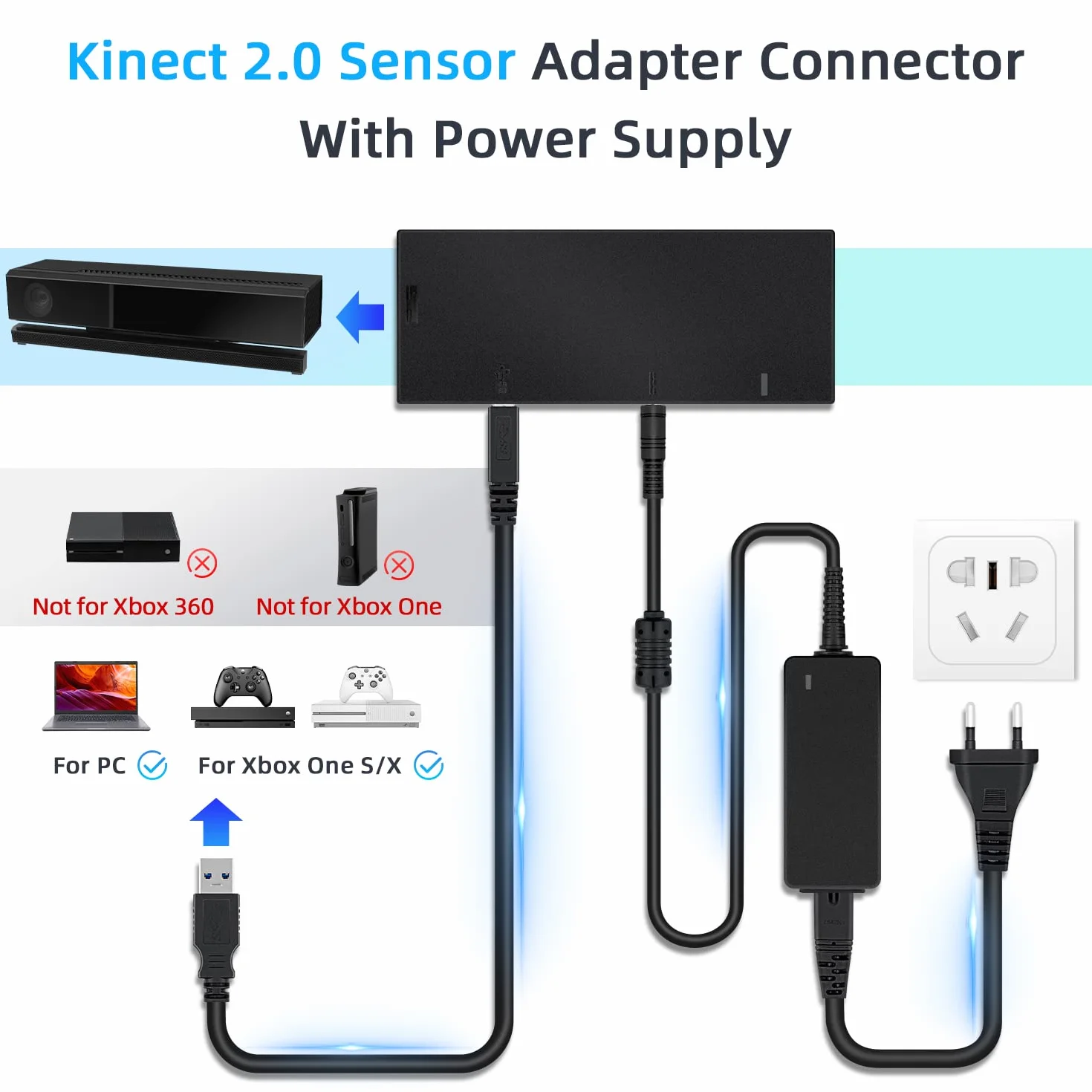 Mcbazel Adapter Kinect 2.0 do konwertera sensora z zasilaczem kompatybilny z Xbox One Slim/Xbox One X/Win11/8/8.1/10 z wtyczką europejską